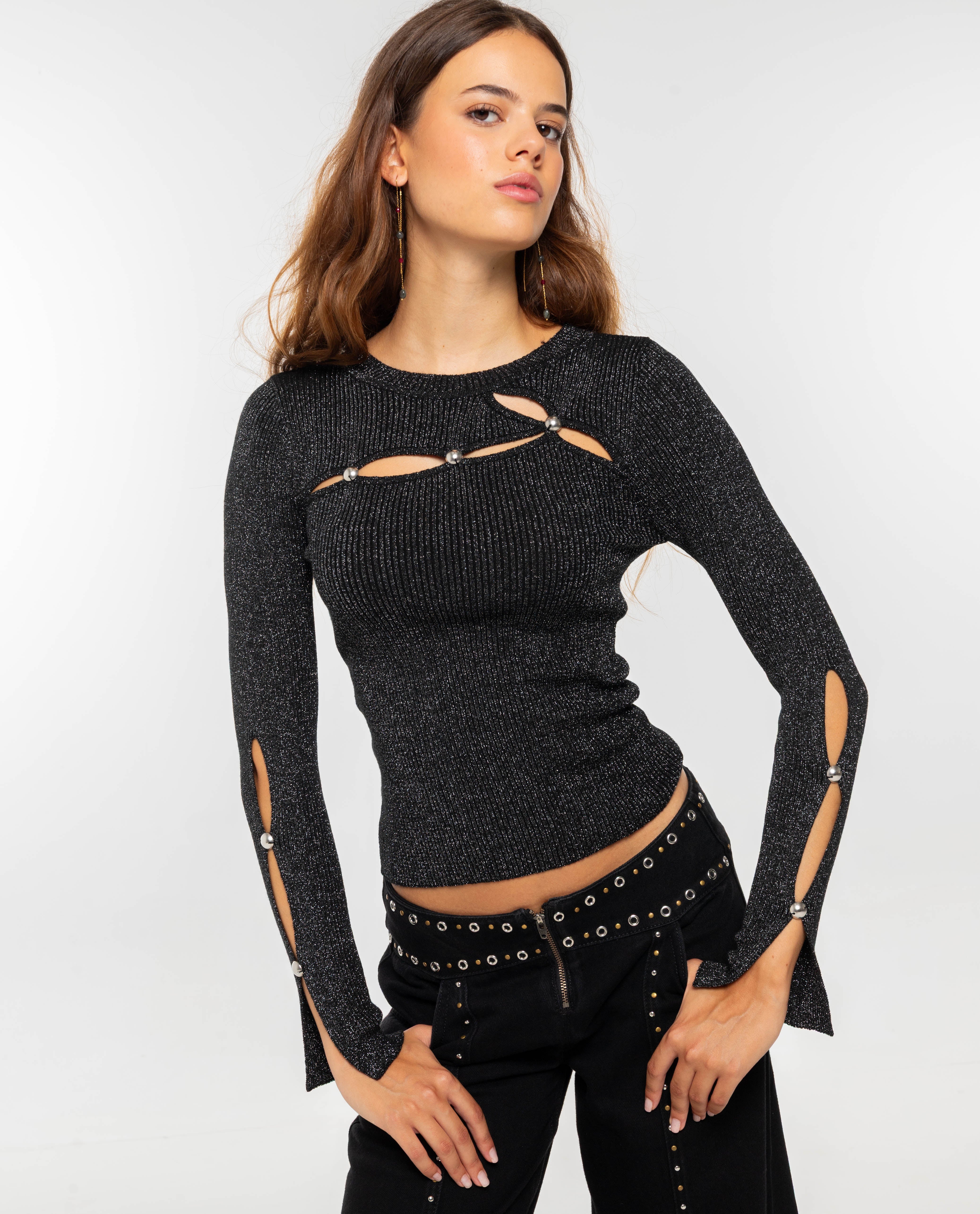 Top de Manga Comprida em Malha Canelada com Lurex e Cut Outs Preto-1