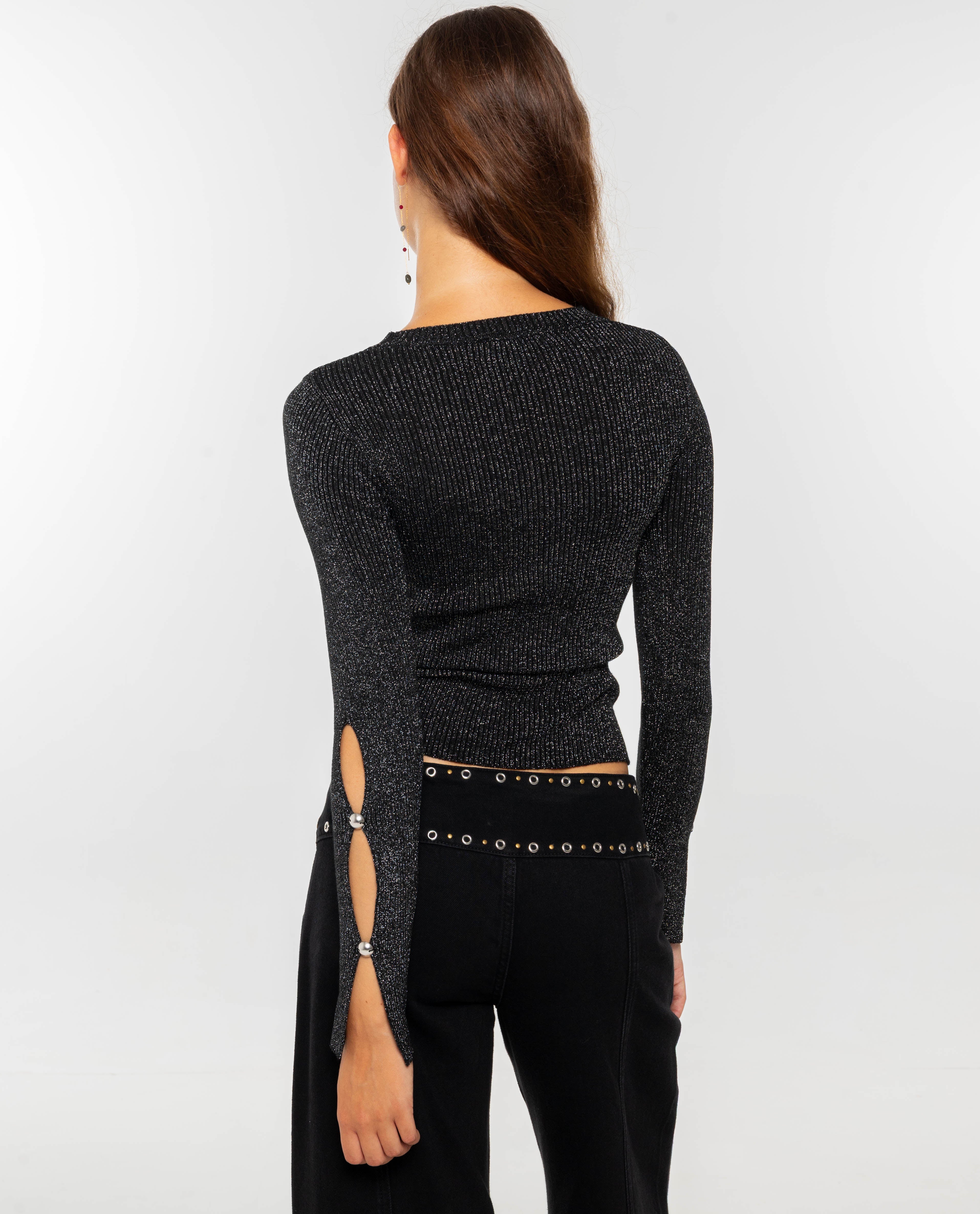 Top de Manga Comprida em Malha Canelada com Lurex e Cut Outs Preto-2