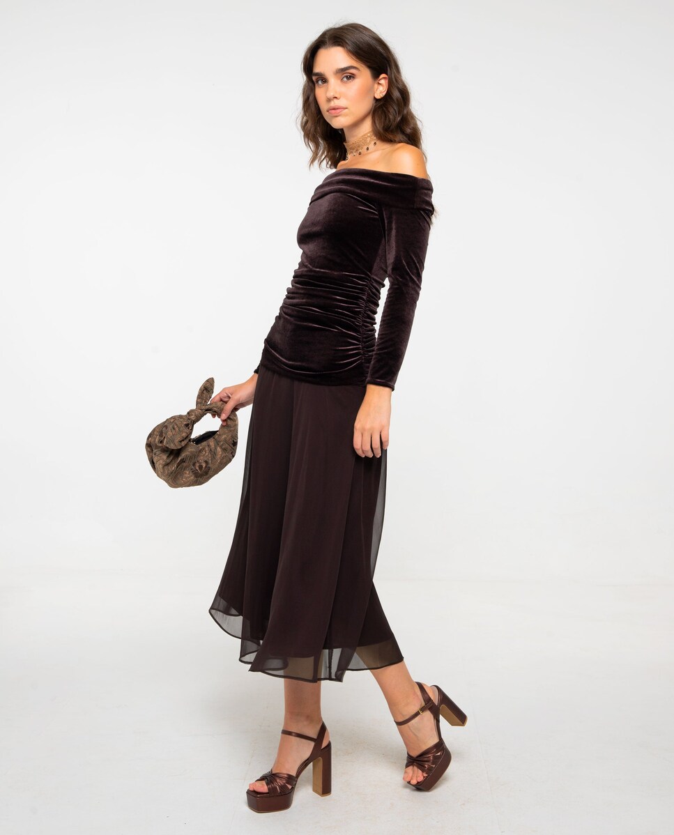 Vestido de Malha Elástica com Franjas e Corte Ajustado Castanho-2