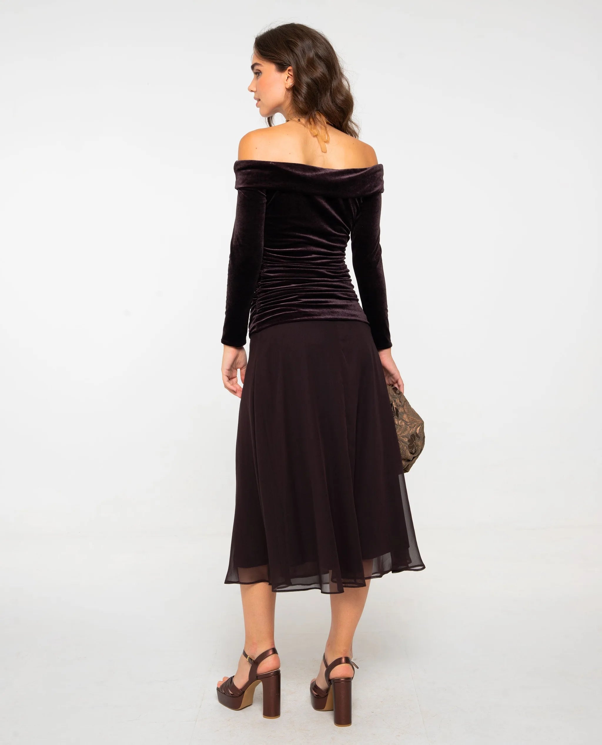 Vestido Midi de Malha Elástica com Franjas e Corte Ajustado Castanho-3