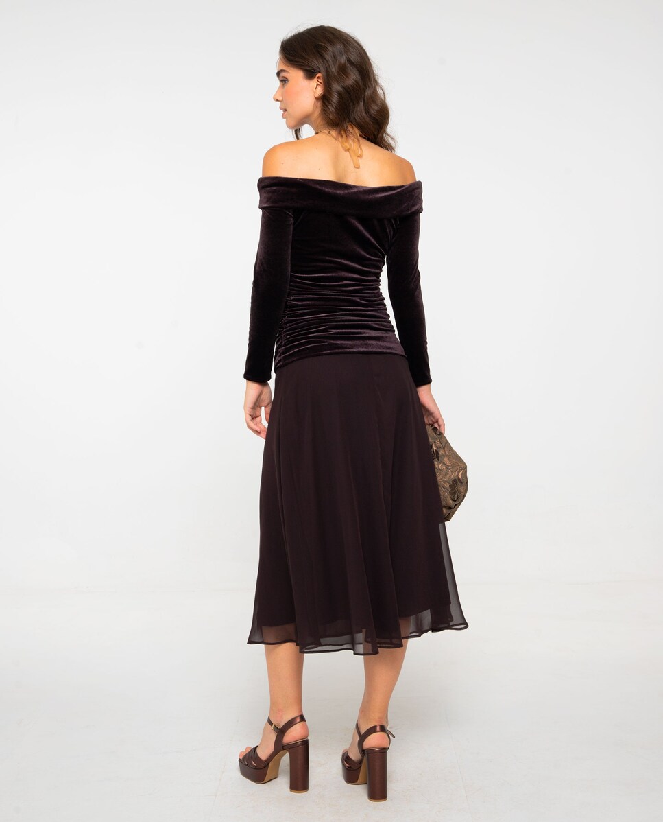 Vestido de Malha Elástica com Franjas e Corte Ajustado Castanho-3