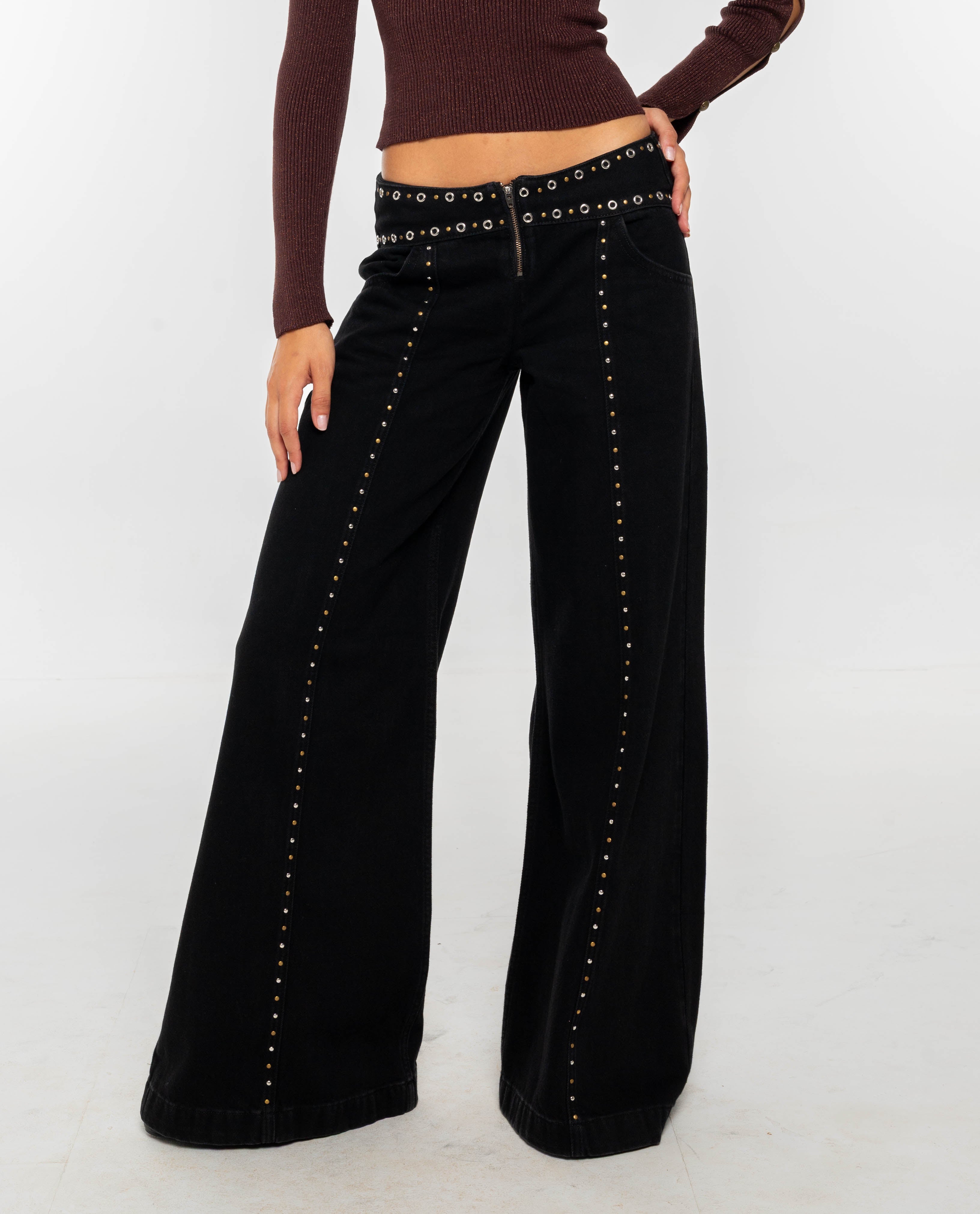 Calças Jeans Largas de Cintura Média Preto-2