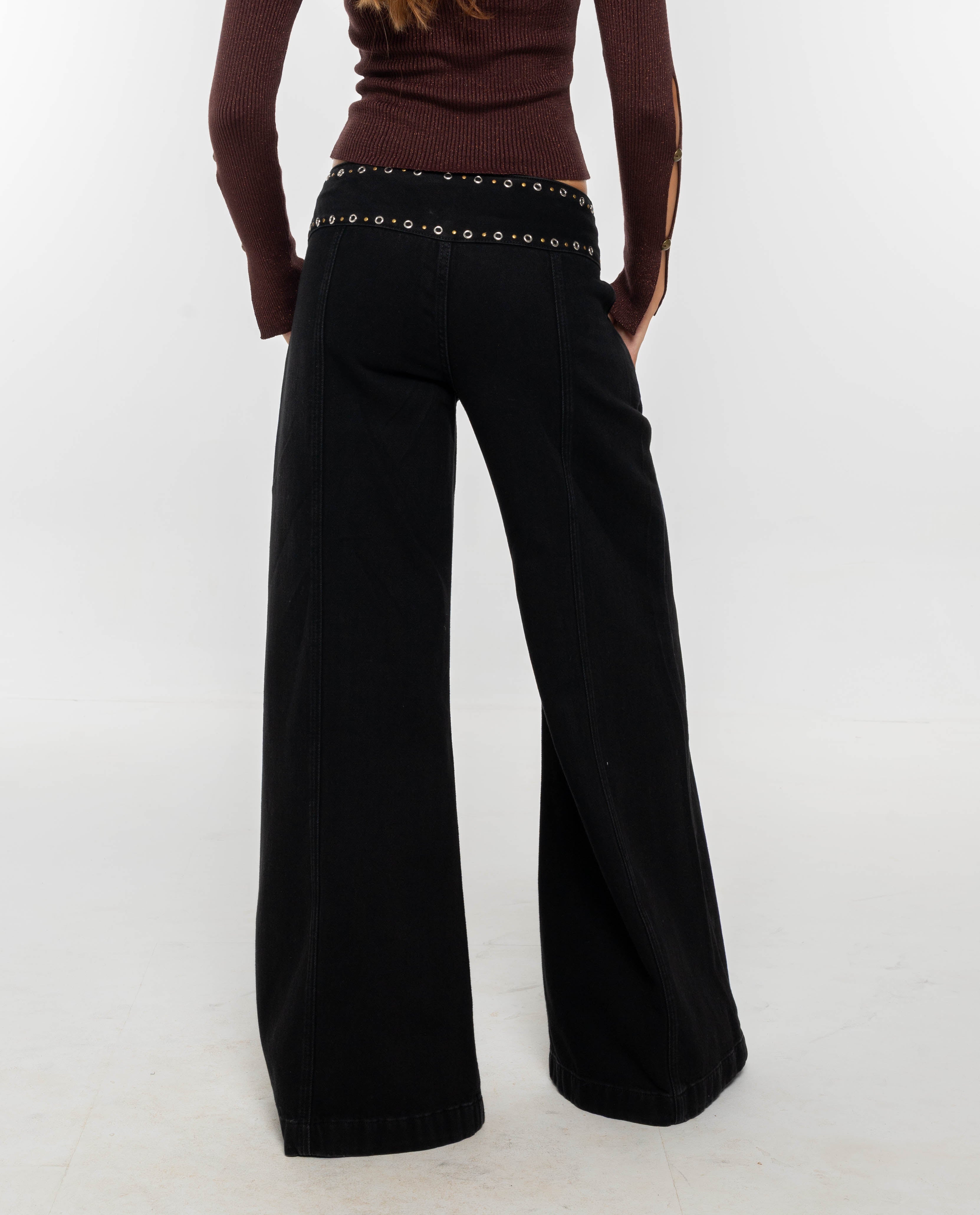 Calças Jeans Largas de Cintura Média Preto-3