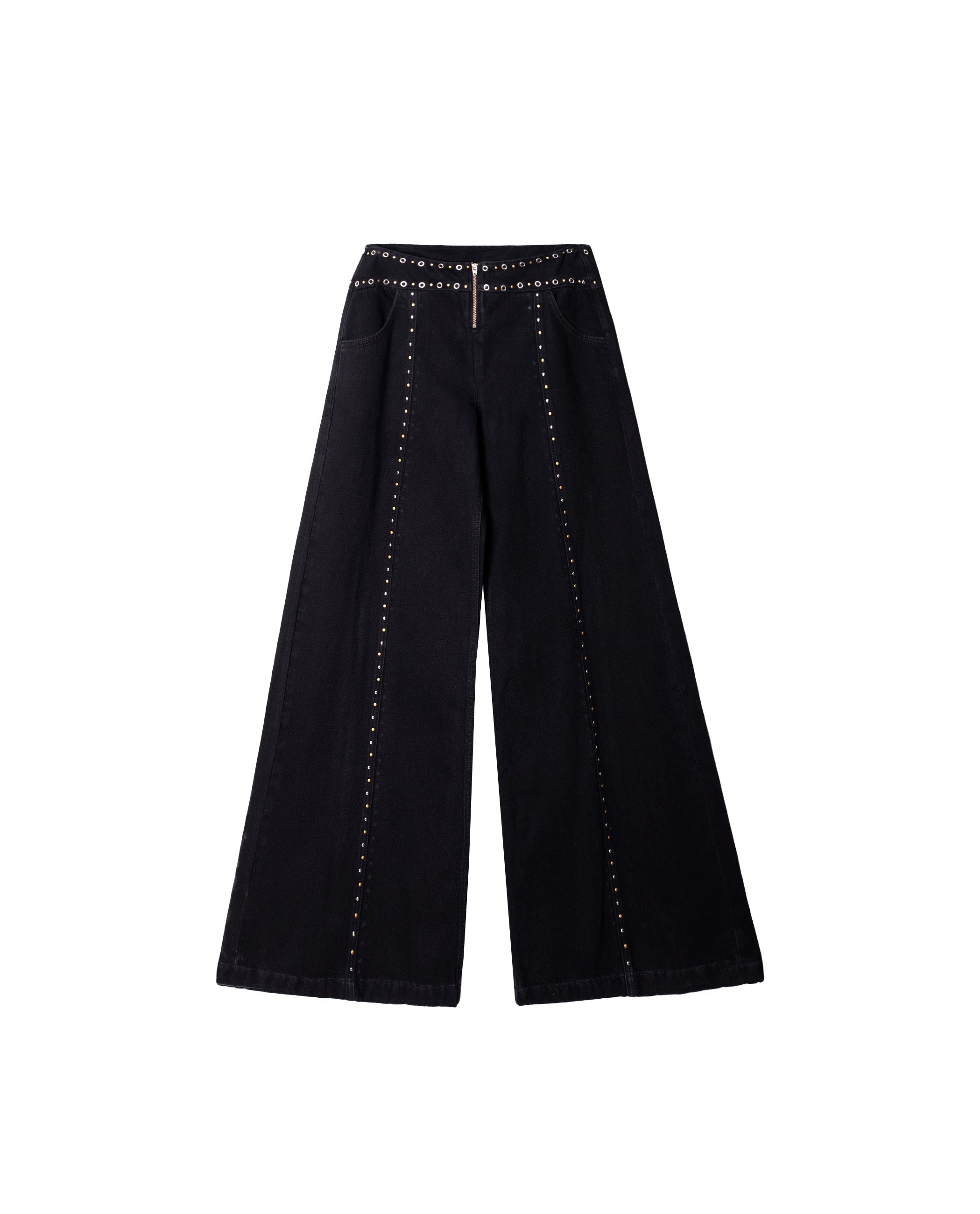 Calças Jeans Largas de Cintura Média Preto-5