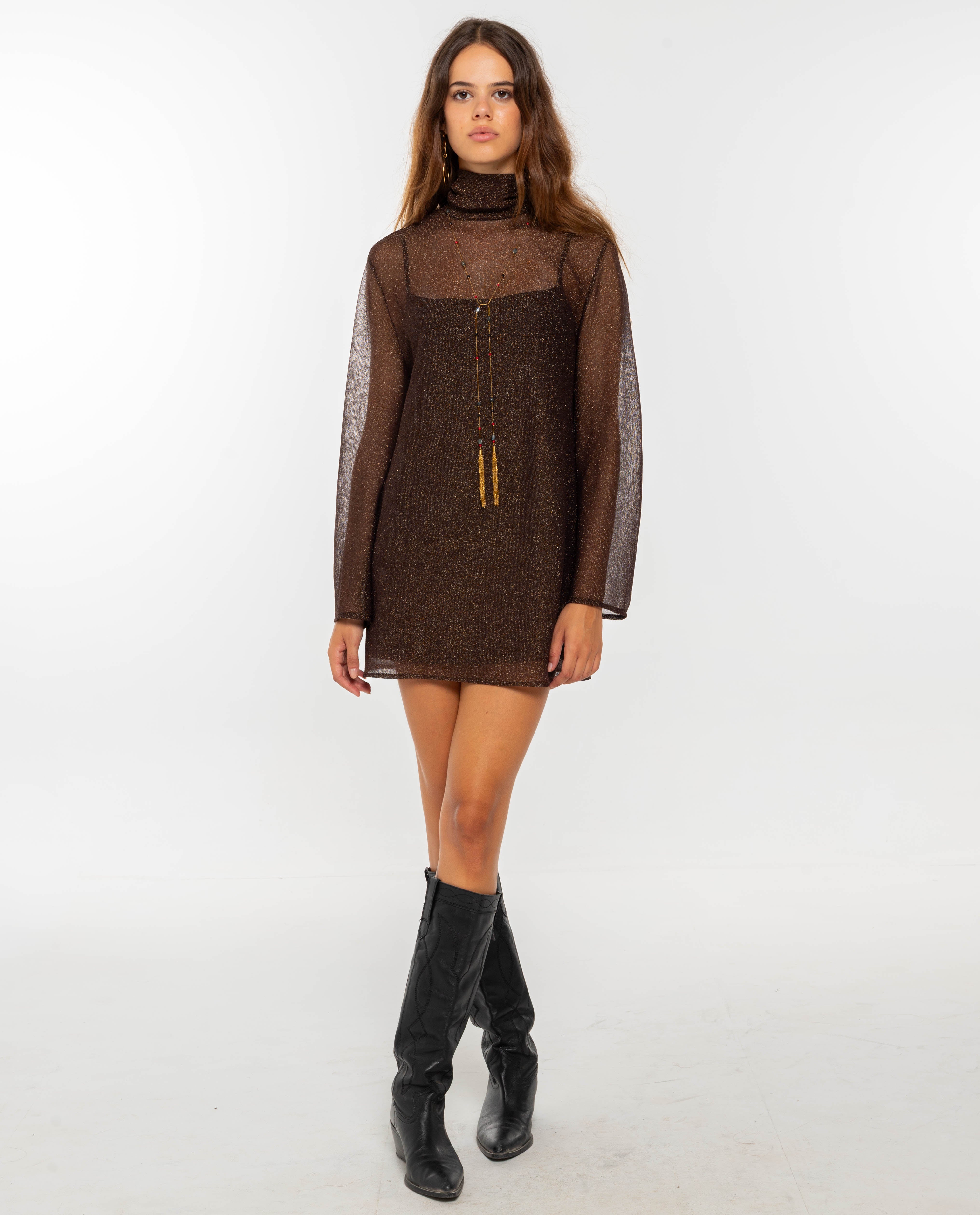 Vestido Curto de Tule com Lurex e Manga Comprida Evasé Castanho-1
