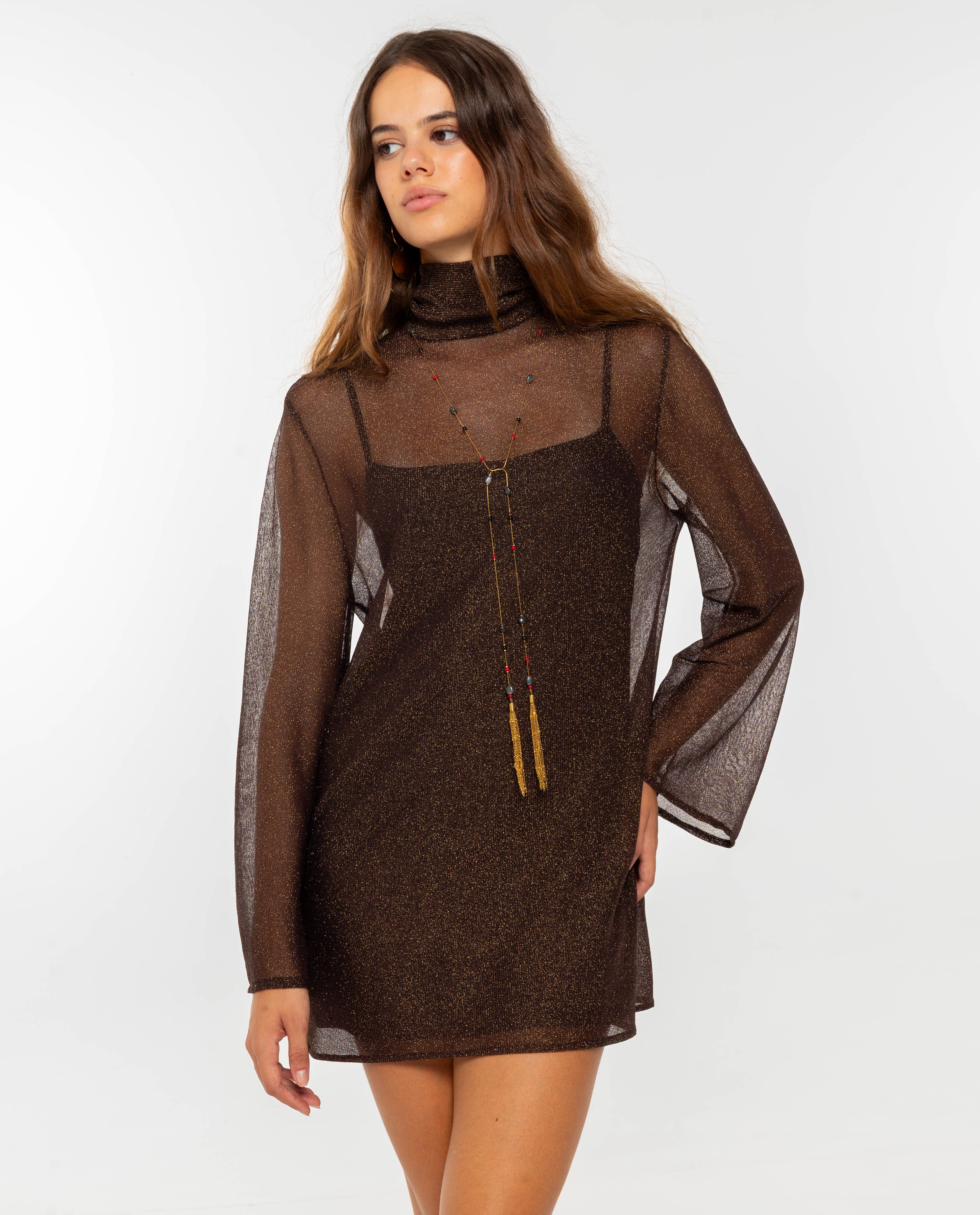 Vestido Curto de Tule com Lurex e Manga Comprida Evasé Castanho-2