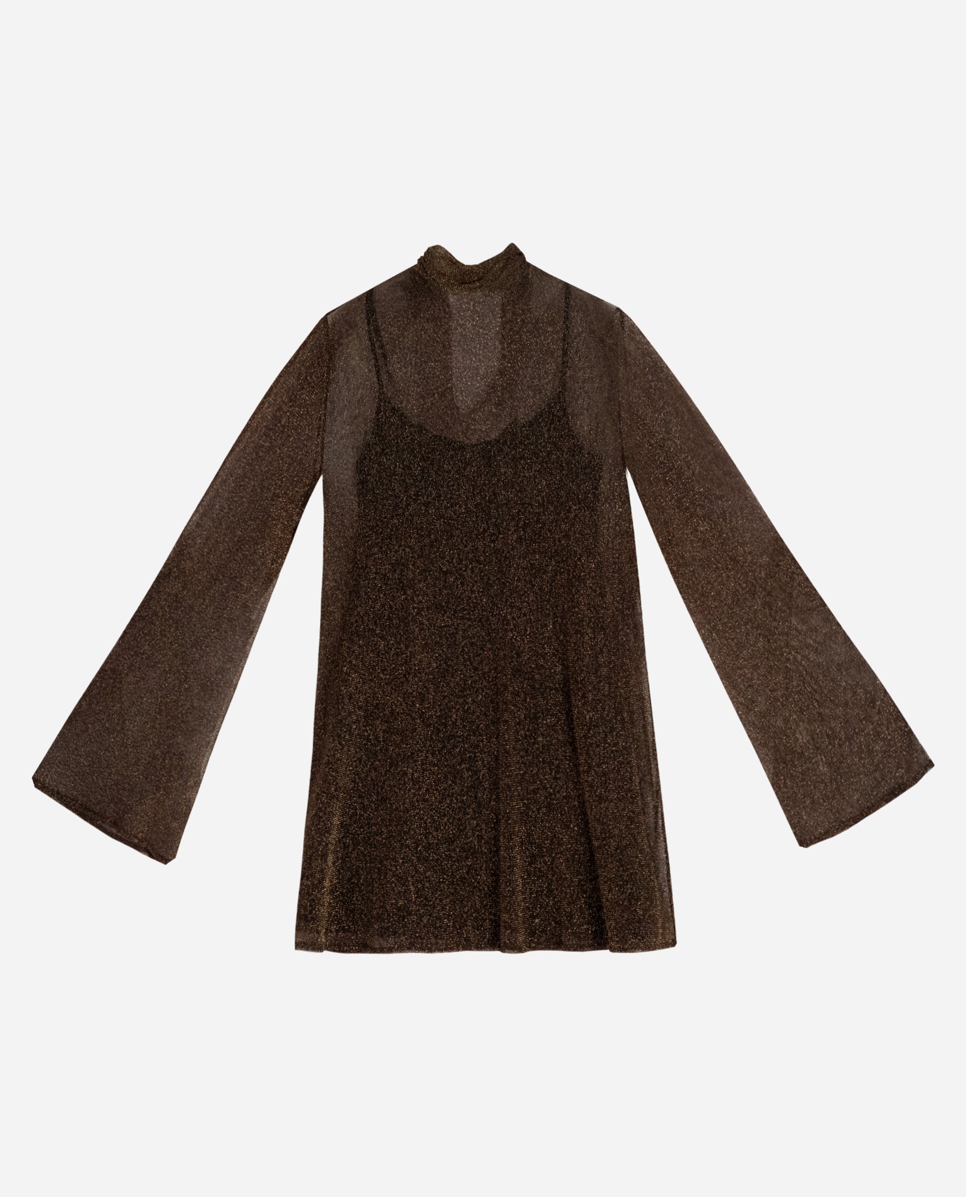Vestido Curto de Tule com Lurex e Manga Comprida Evasé Castanho-5