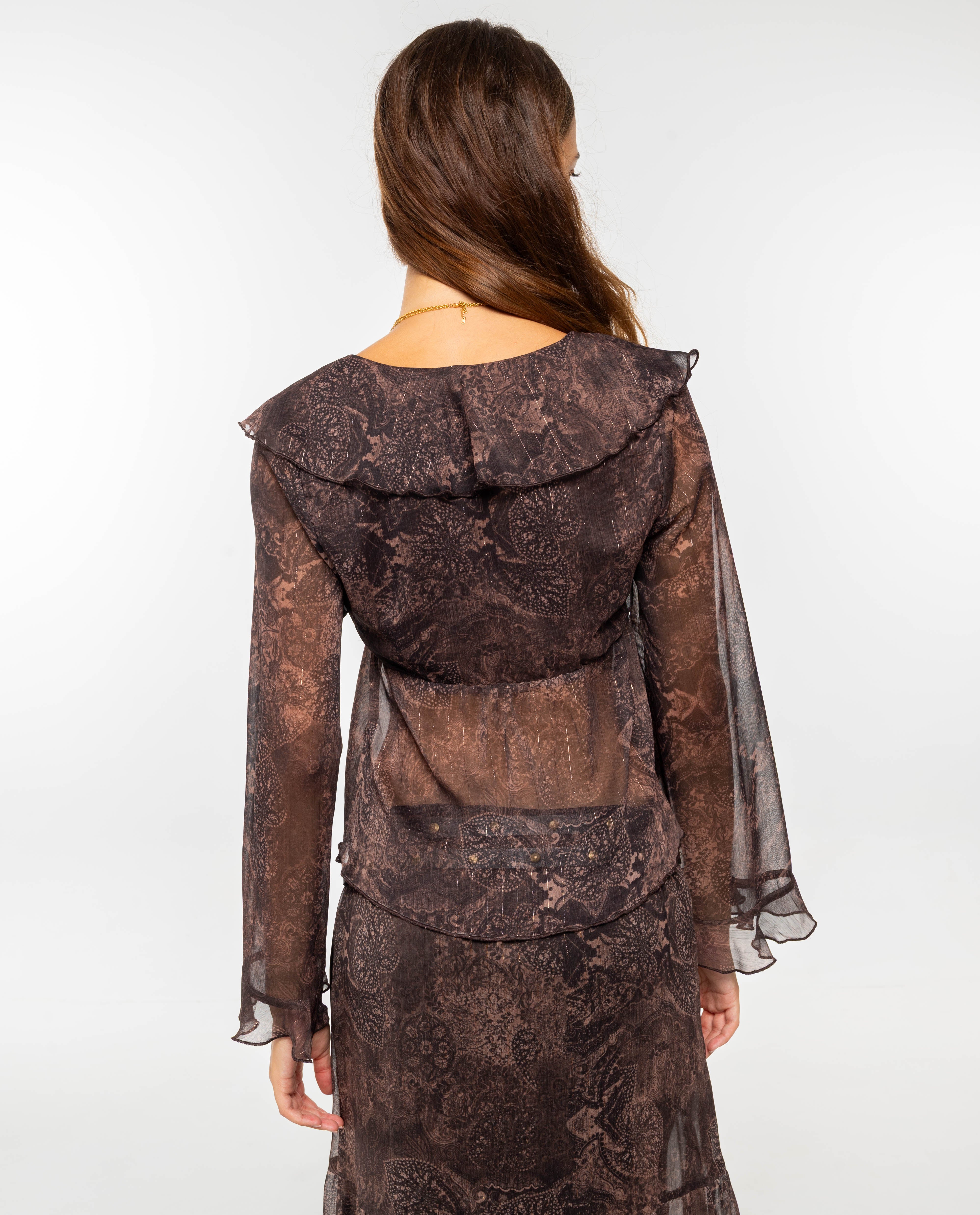 Blusa de Manga Comprida em Gase Estampada Boho com Folhos Castanho-2