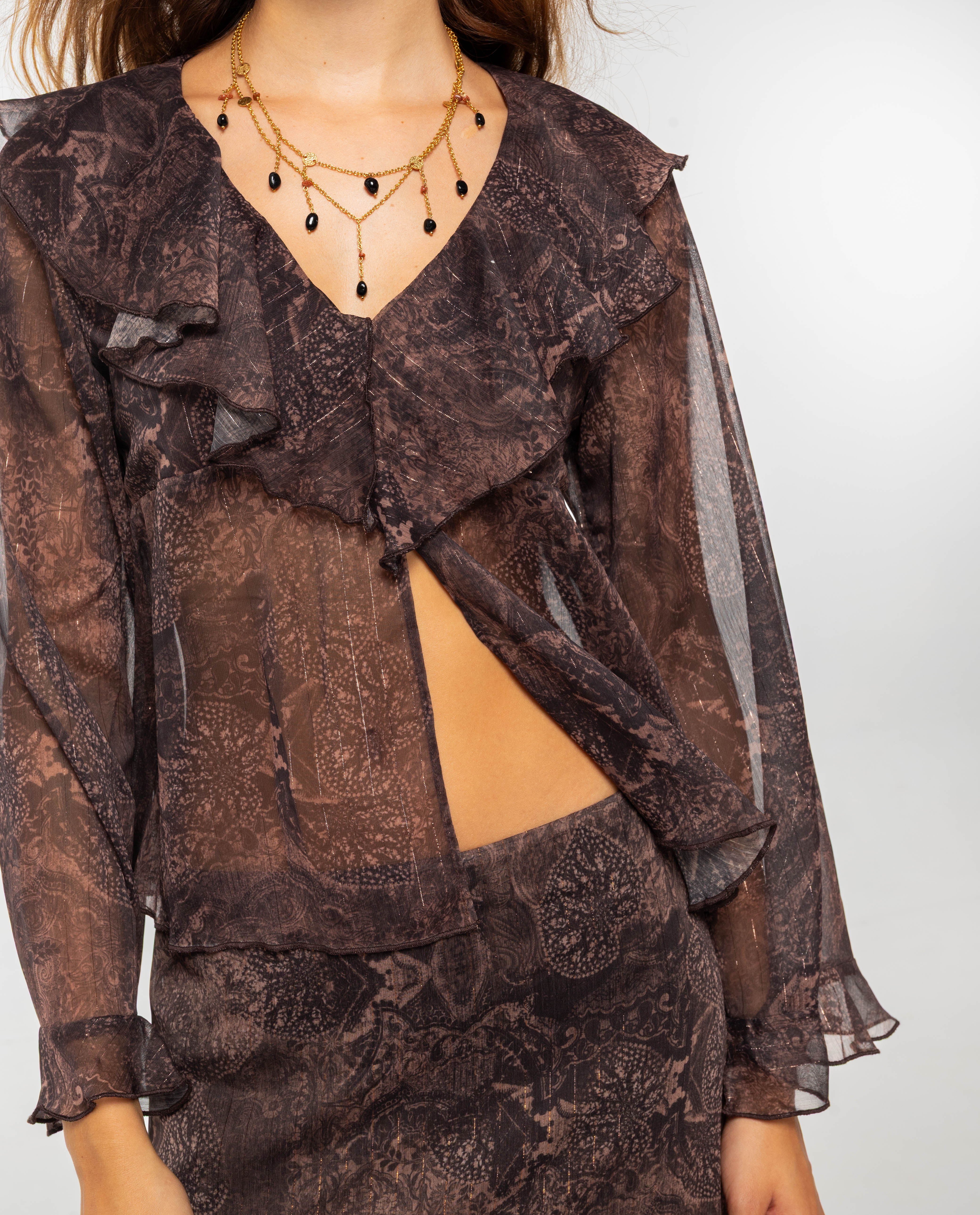 Blusa de Manga Comprida em Gase Estampada Boho com Folhos Castanho-3
