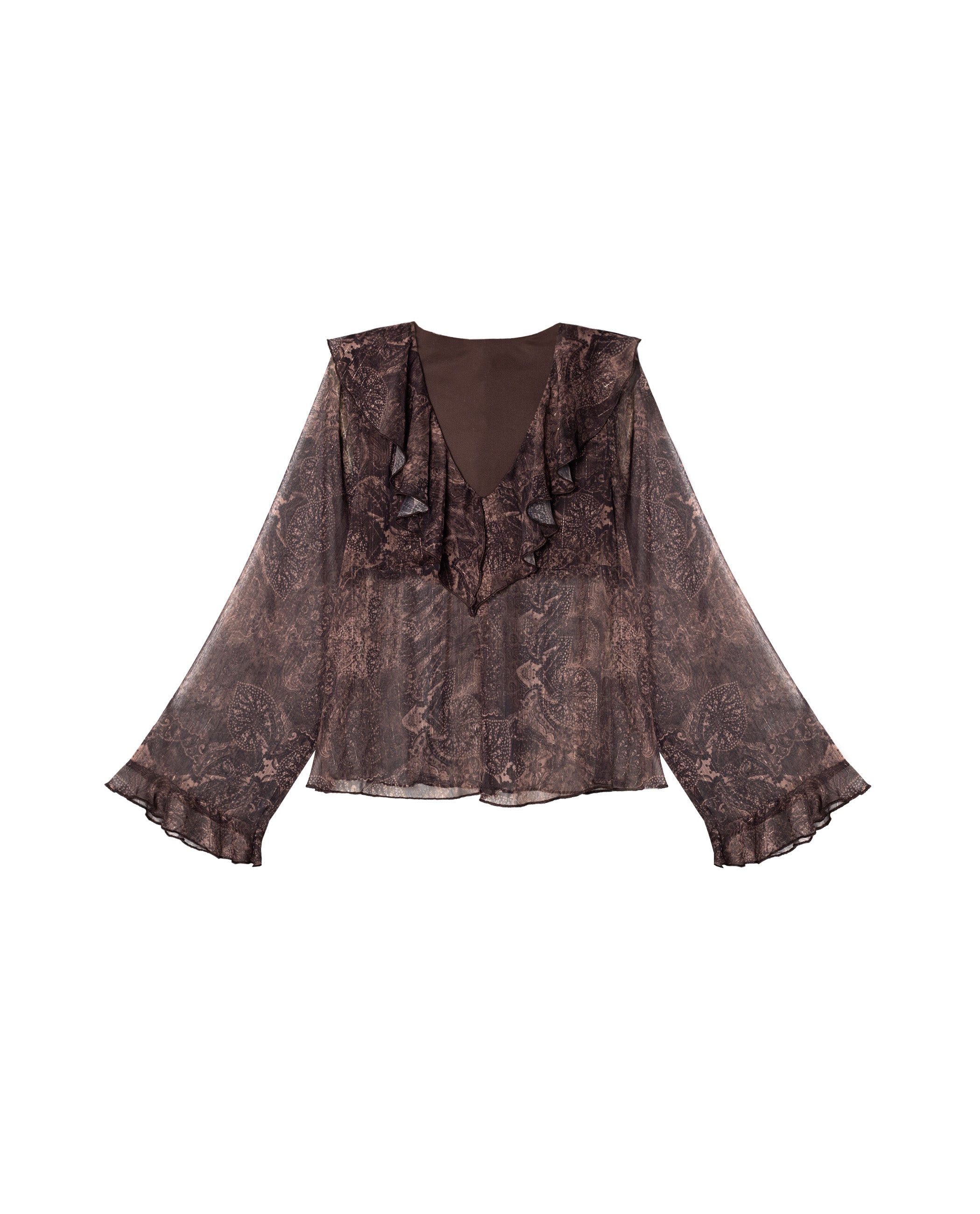 Blusa de Manga Comprida em Gase Estampada Boho com Folhos Castanho-5
