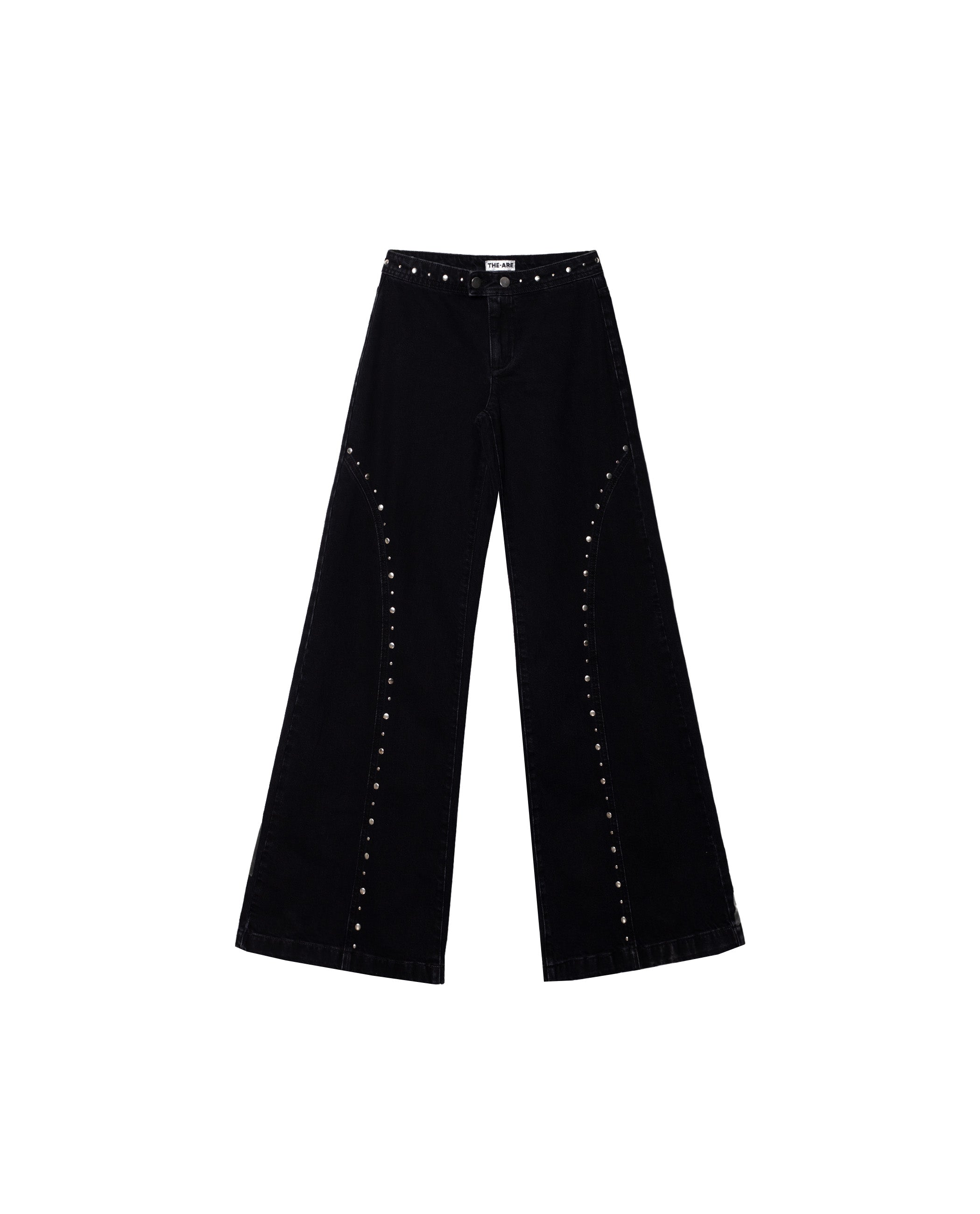 Calças Jeans com Corte a Direito e Apliques Metálicos Preto-6