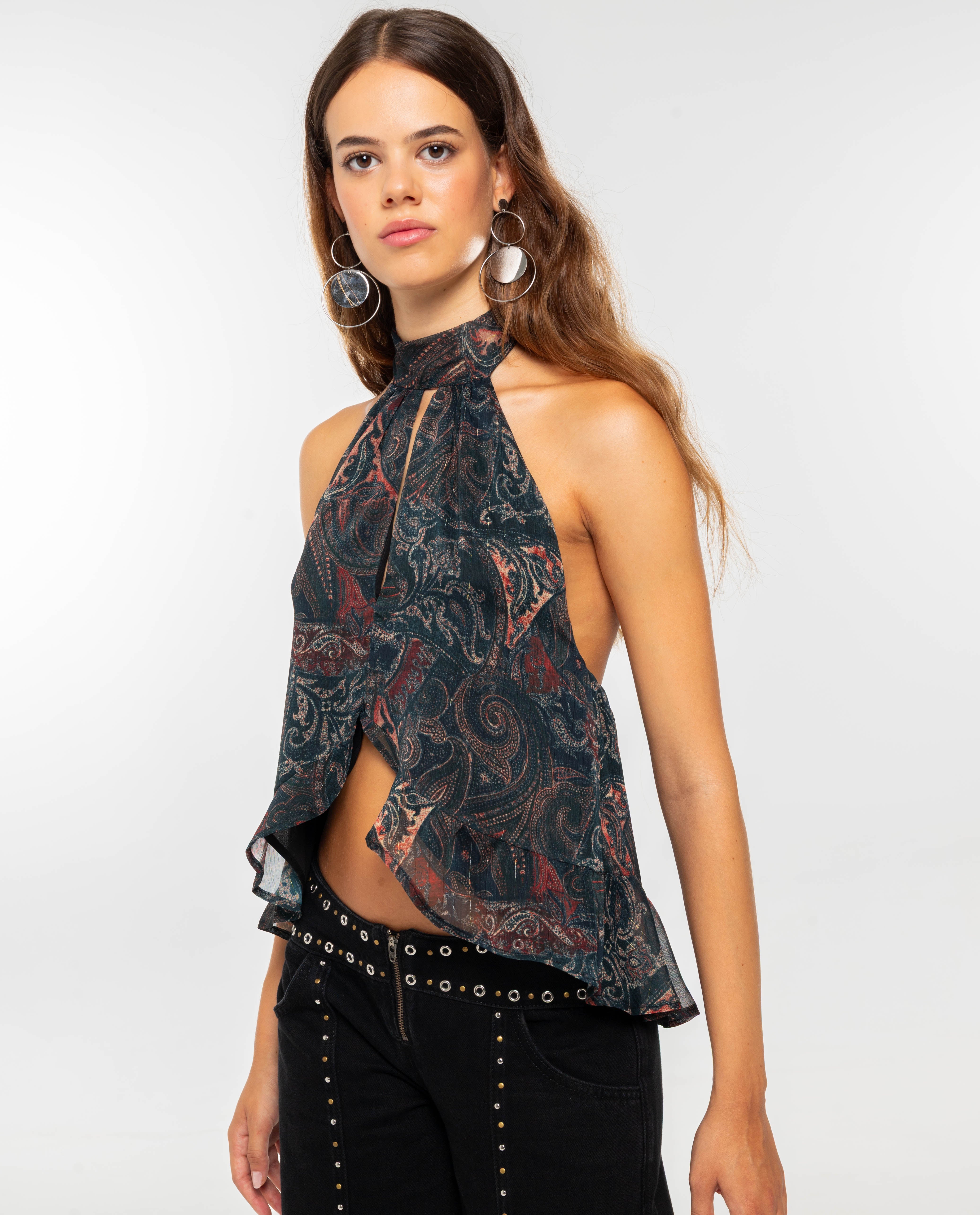 Blusa Aberta Por Diante com Folhos Azul-marinho-1