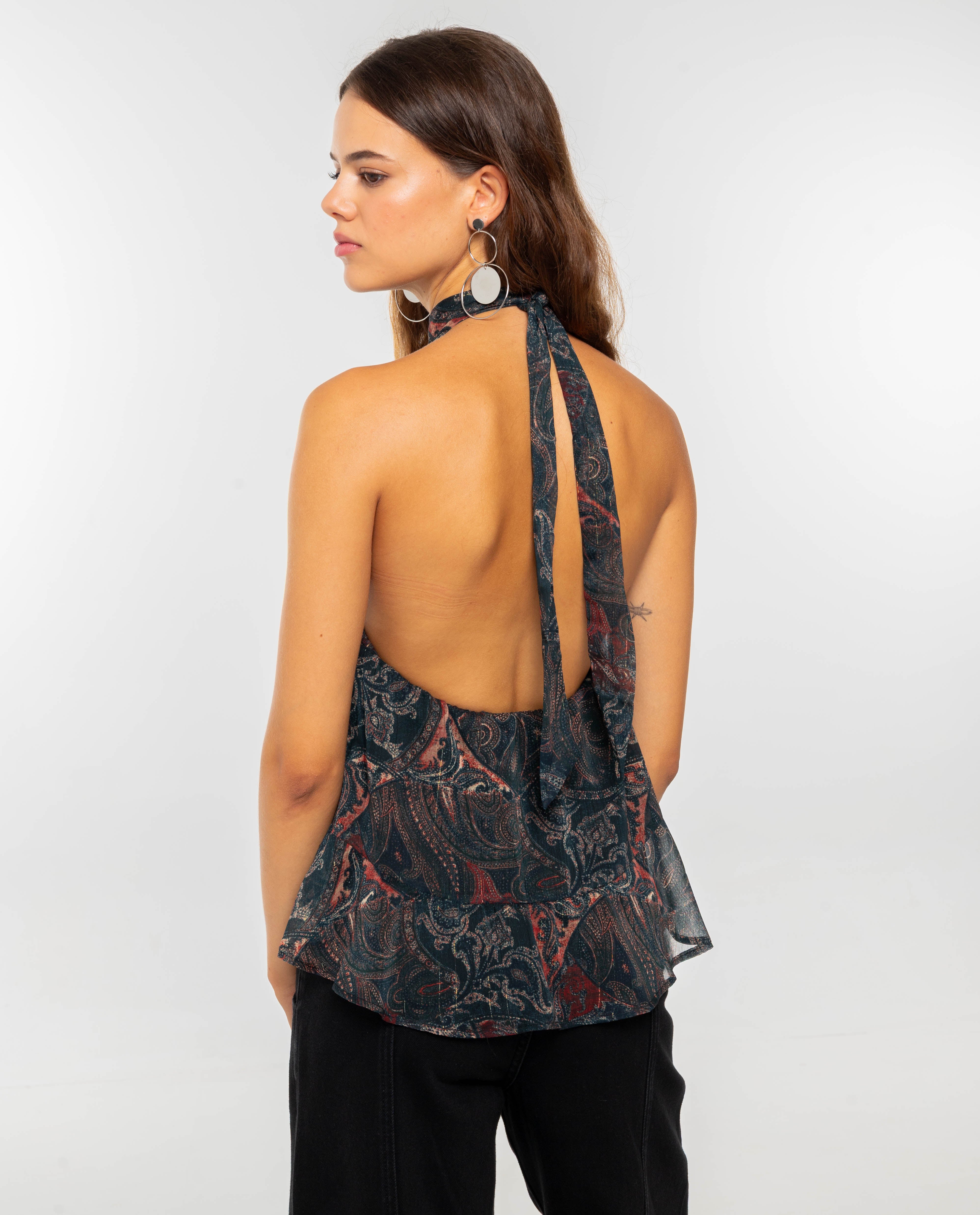 Blusa Aberta Por Diante com Folhos Azul-marinho-2