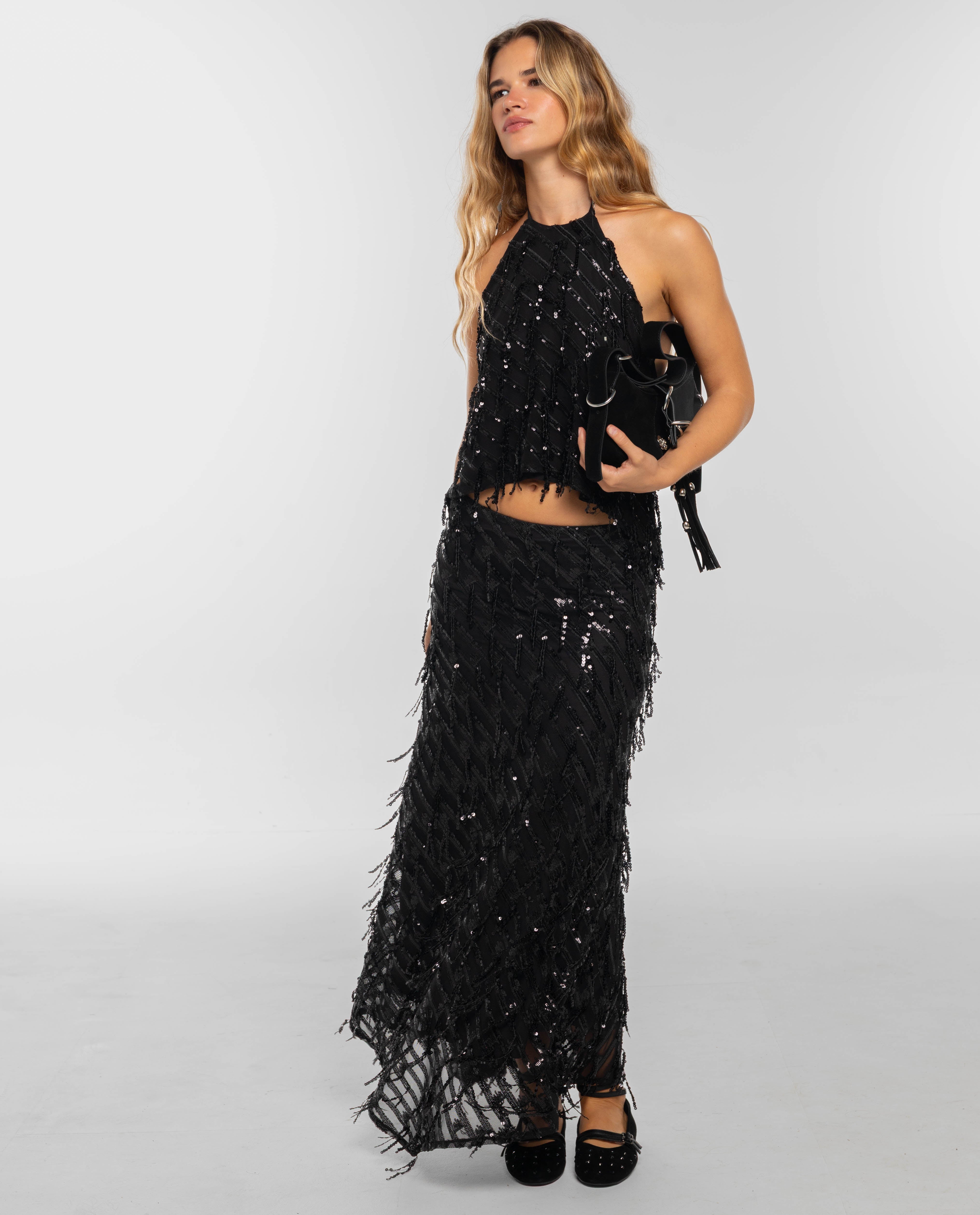 Imagem 0 de Saia Midi de Gase com Lantejoulas e Forro