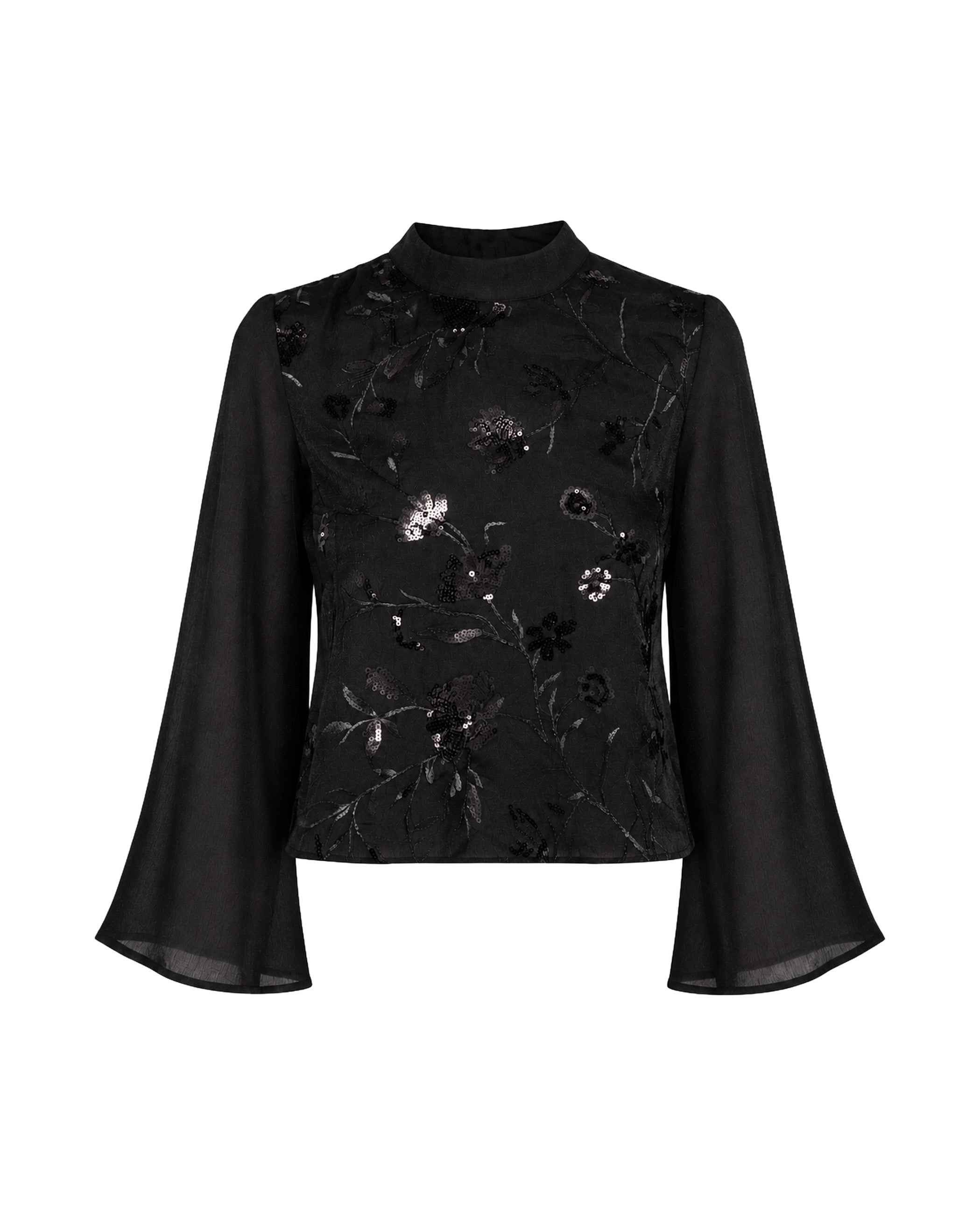 Blusa de Gola Subida com Bordado e Lantejoulas Preto-6