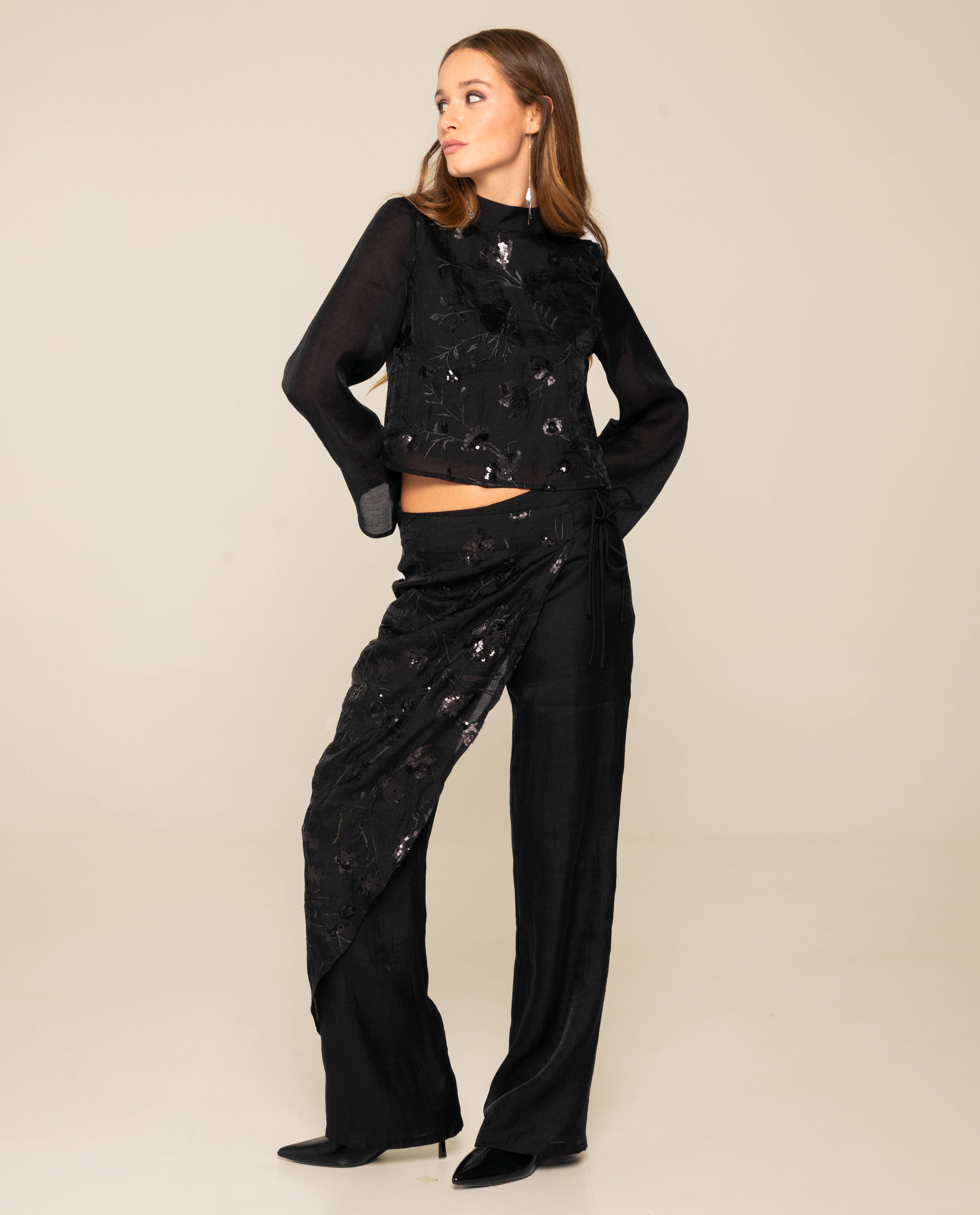 Blusa de Gola Subida com Bordado e Lantejoulas Preto-2