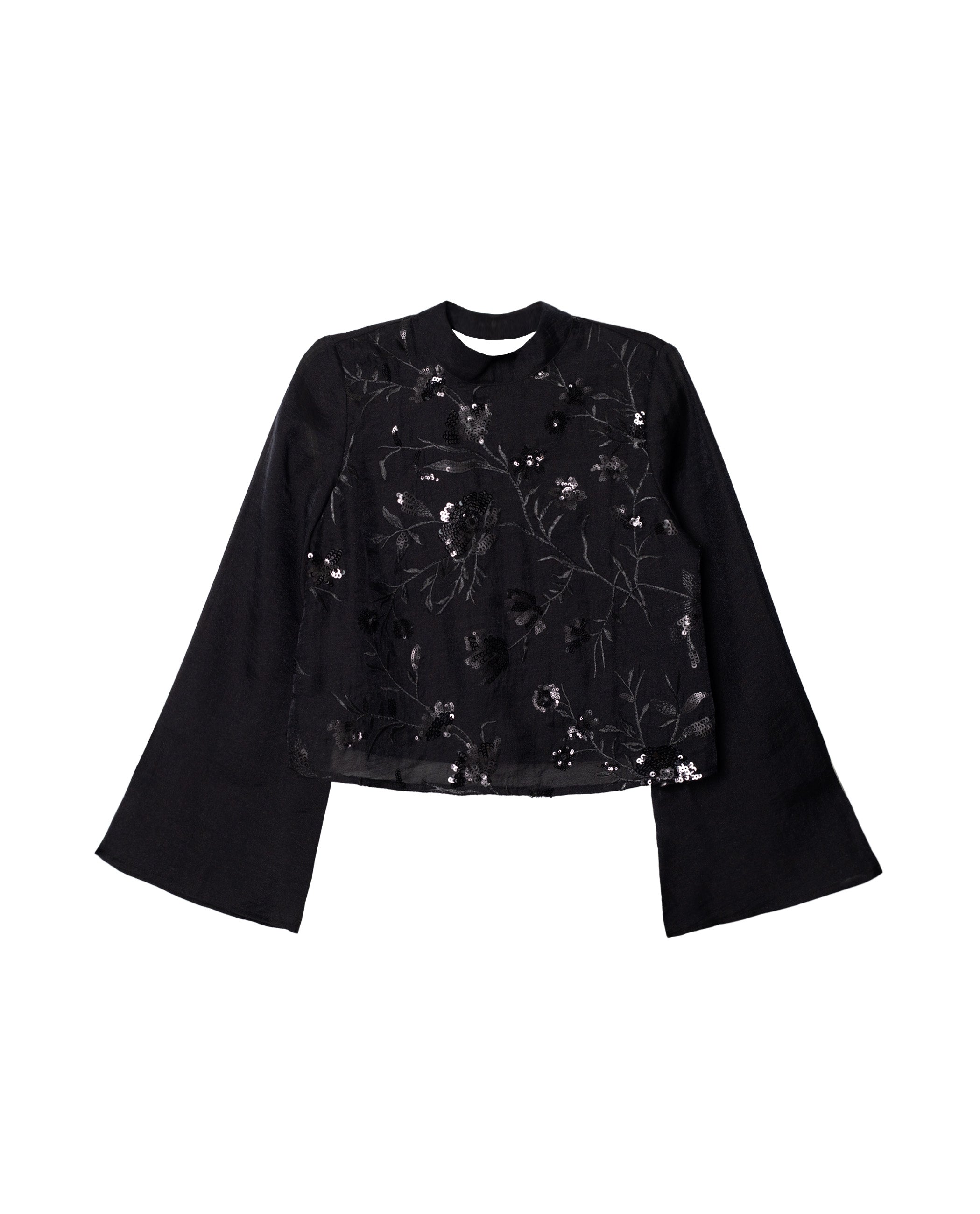 Blusa de Gola Subida com Bordado e Lantejoulas Preto-5
