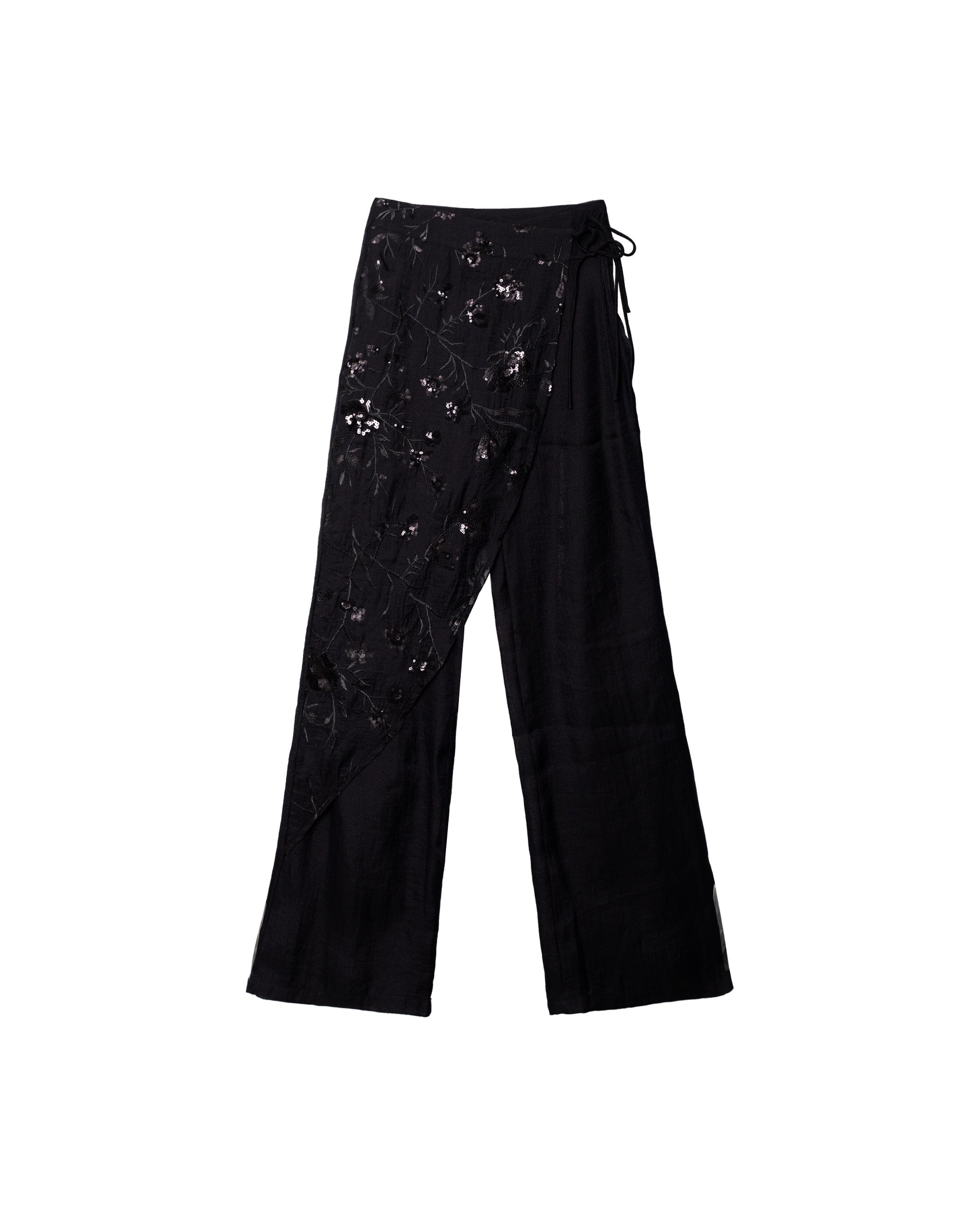 Calças com Bordado e Lantejoulas com Capa Sobreposta Preto-5