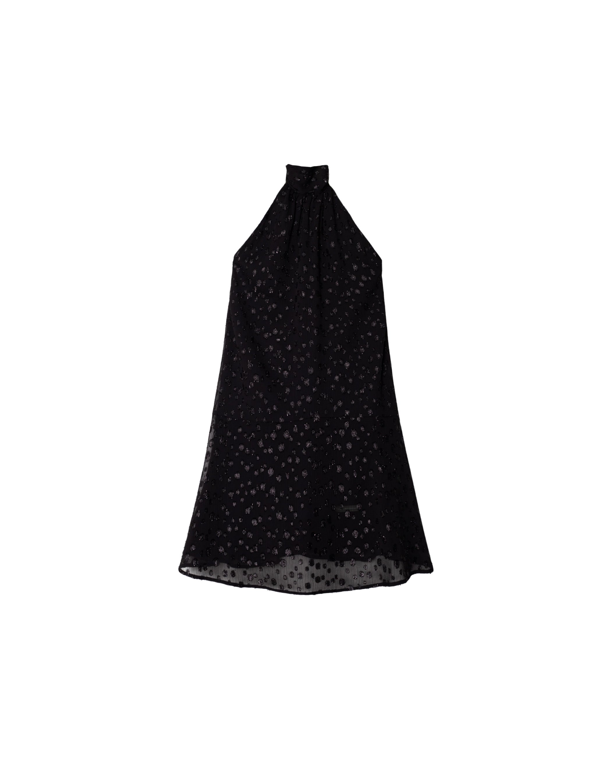 Vestido Curto Plumeti com Lurex e Decote Halter Preto brilhante-6