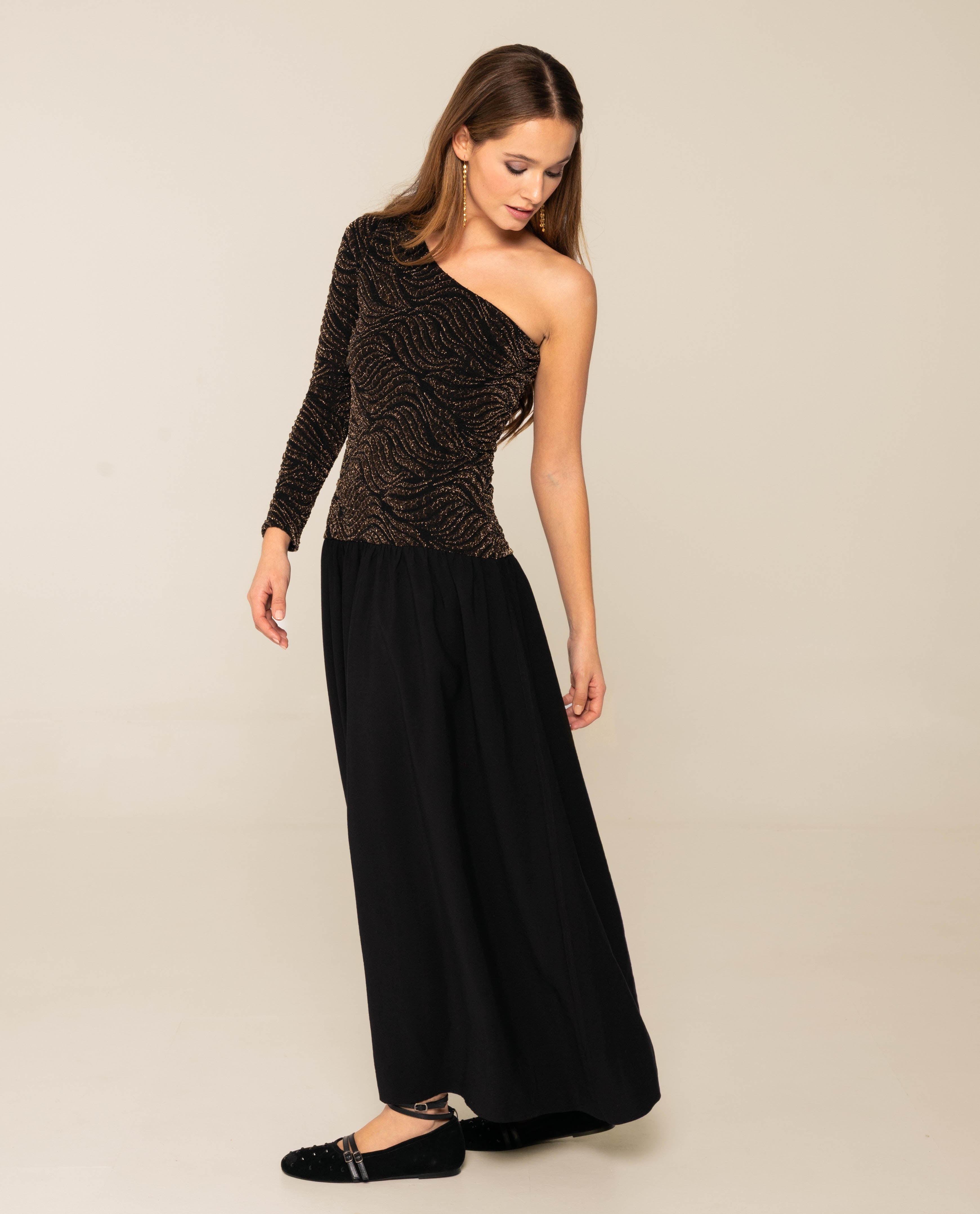 Vestido Midi com Corpo de Malha Brilhante e Saia de Tafetá Ouro-2