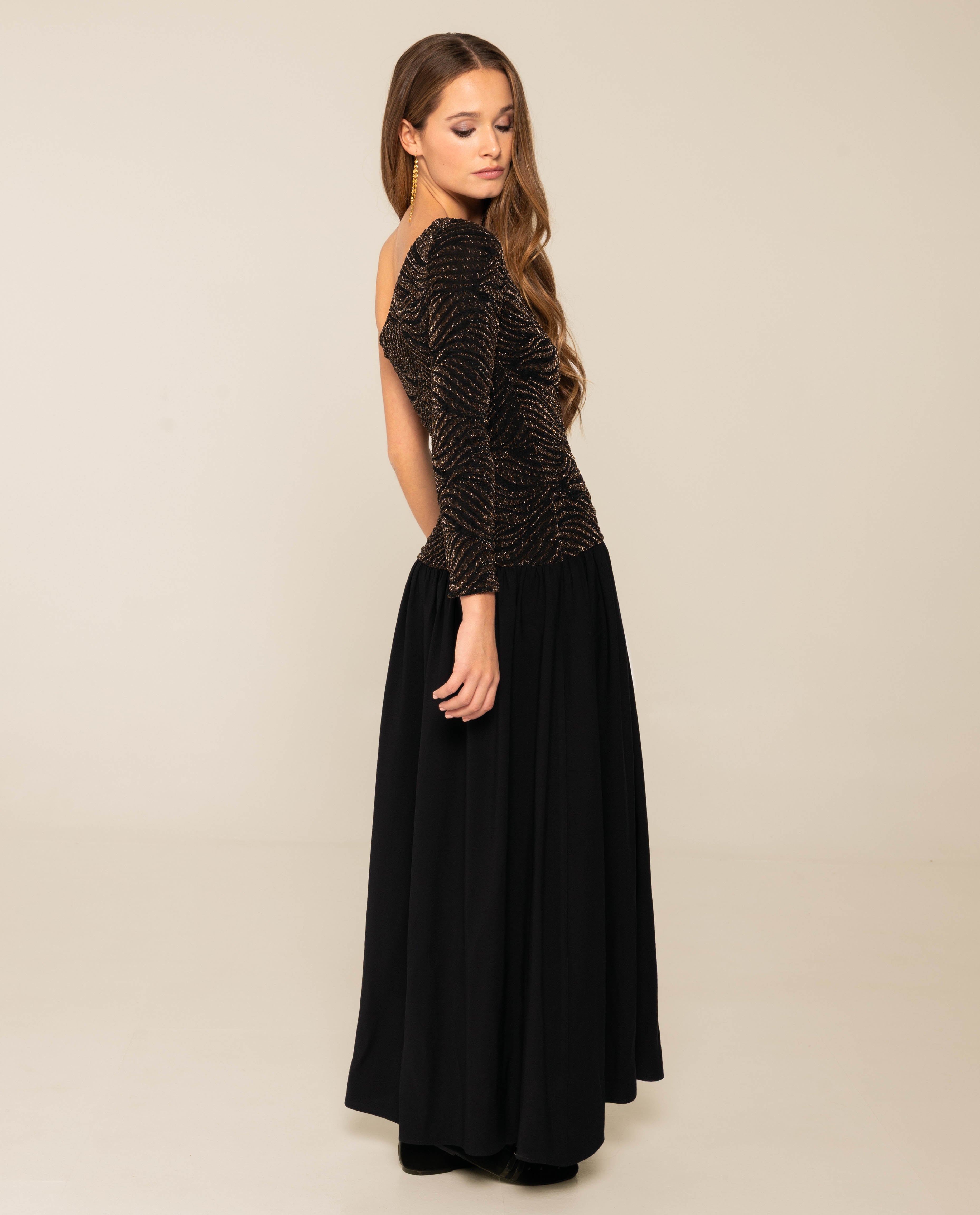 Vestido Midi com Corpo de Malha Brilhante e Saia de Tafetá Ouro-3