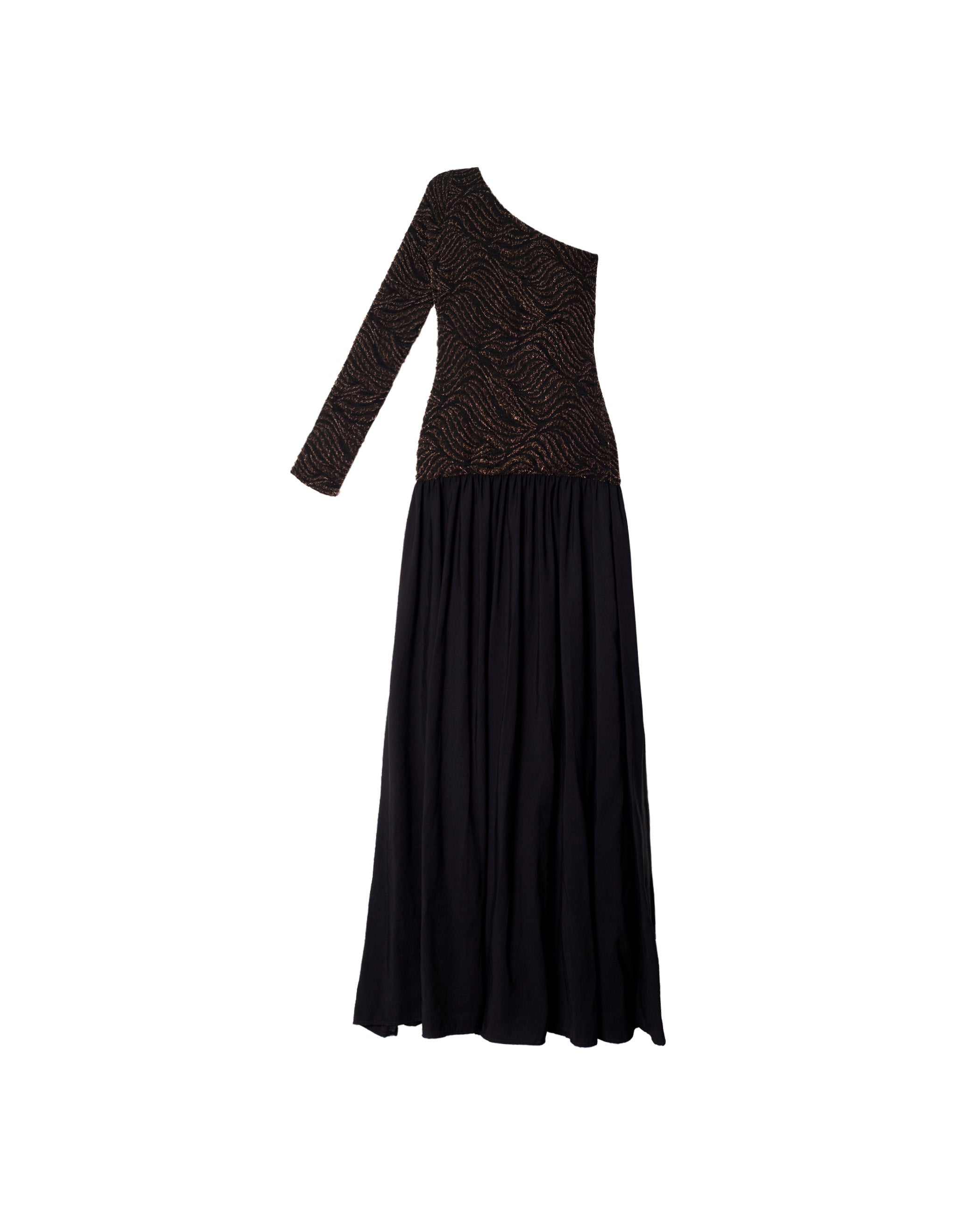 Vestido Midi com Corpo de Malha Brilhante e Saia de Tafetá Ouro-5