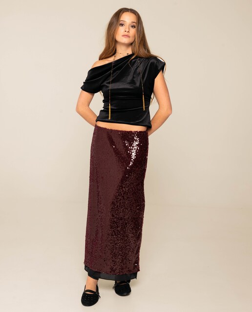 Imagem 0 de Saia com Corte a Direito de Lantejoulas com Forro de Gaze