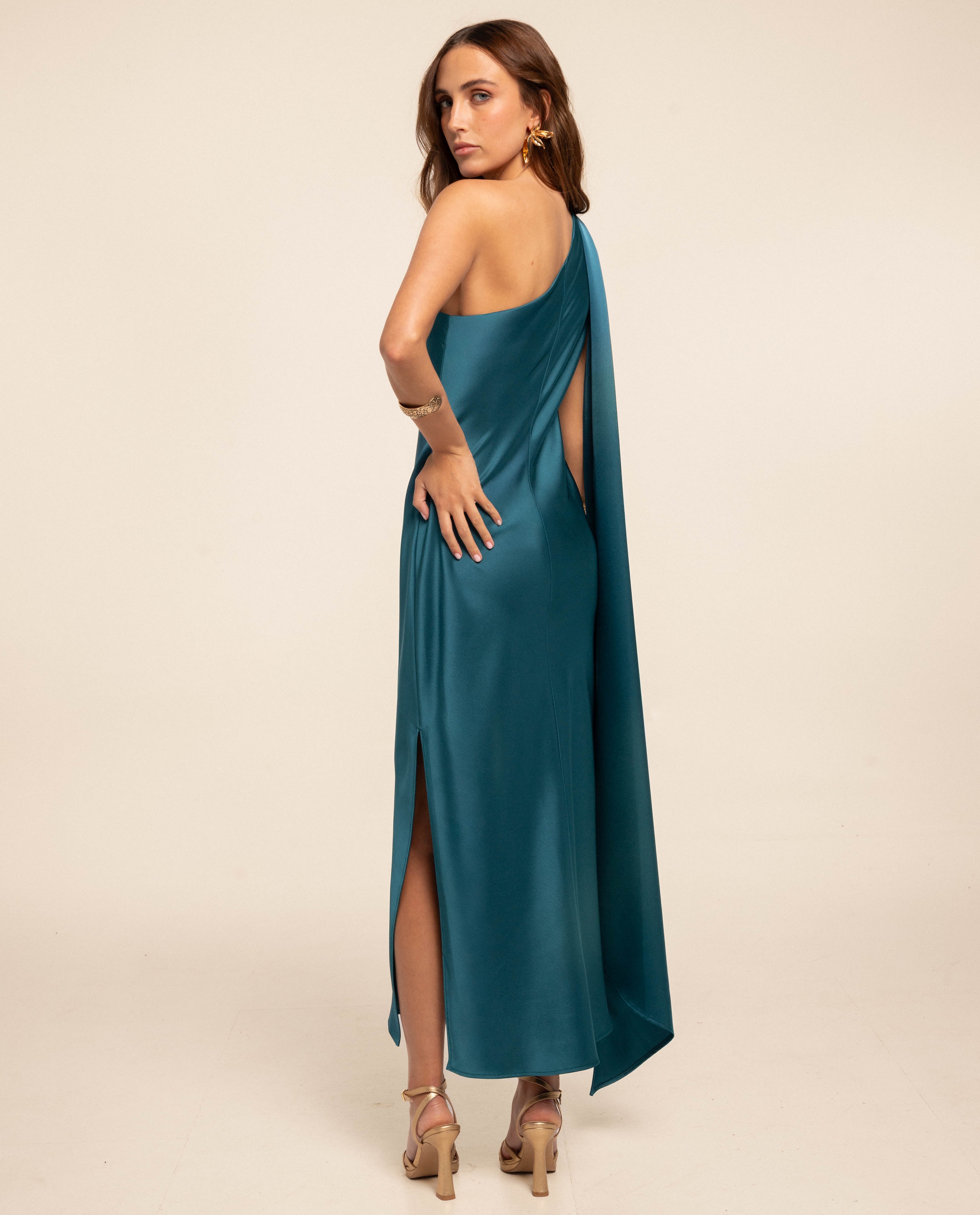 Vestido Midi Acetinado com Decote Assimétrico e Laçada Turquesa-3
