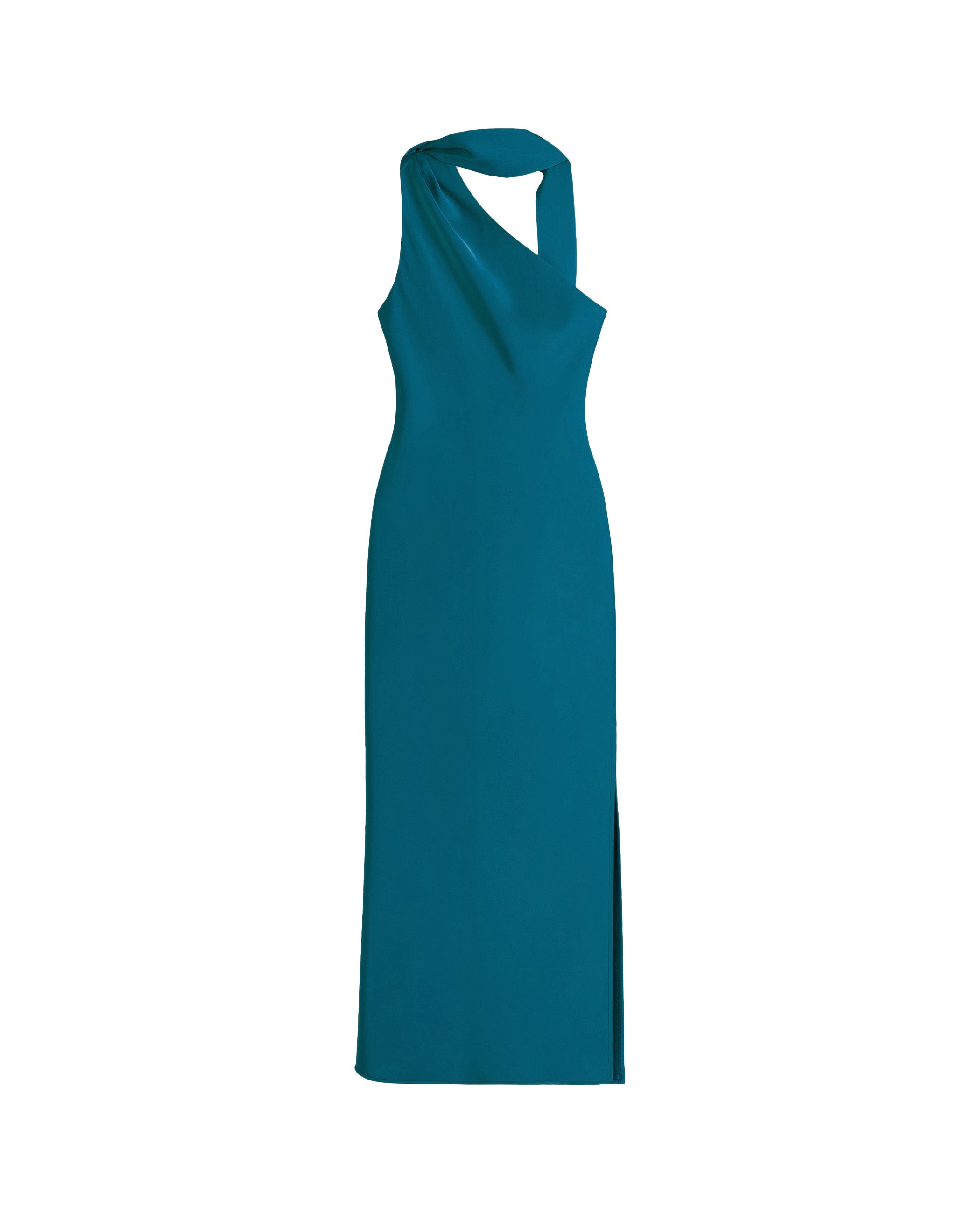 Vestido Midi Acetinado com Decote Assimétrico e Laçada Turquesa-5