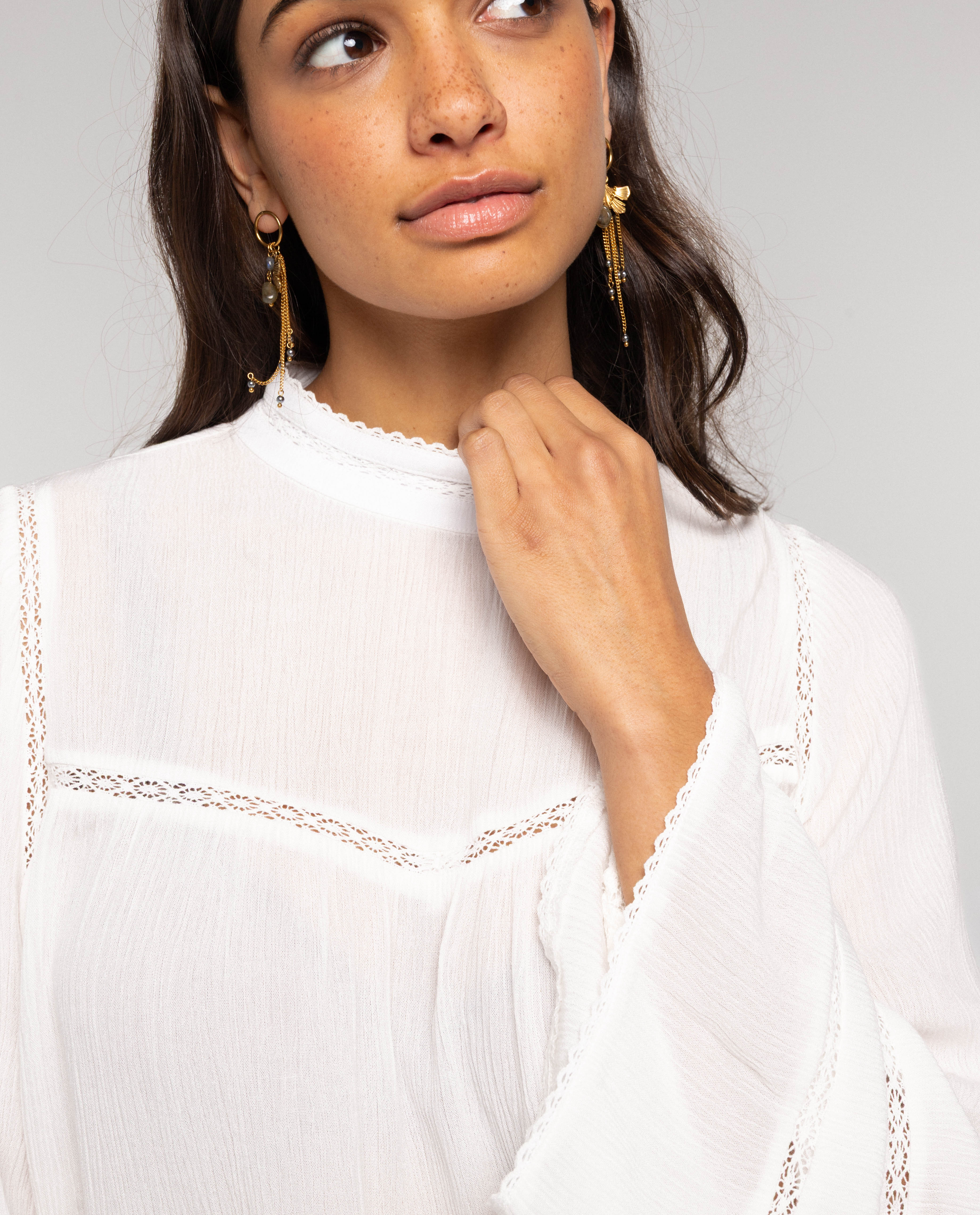 Blusa de Gase com Renda e Manga Comprida Branco-3