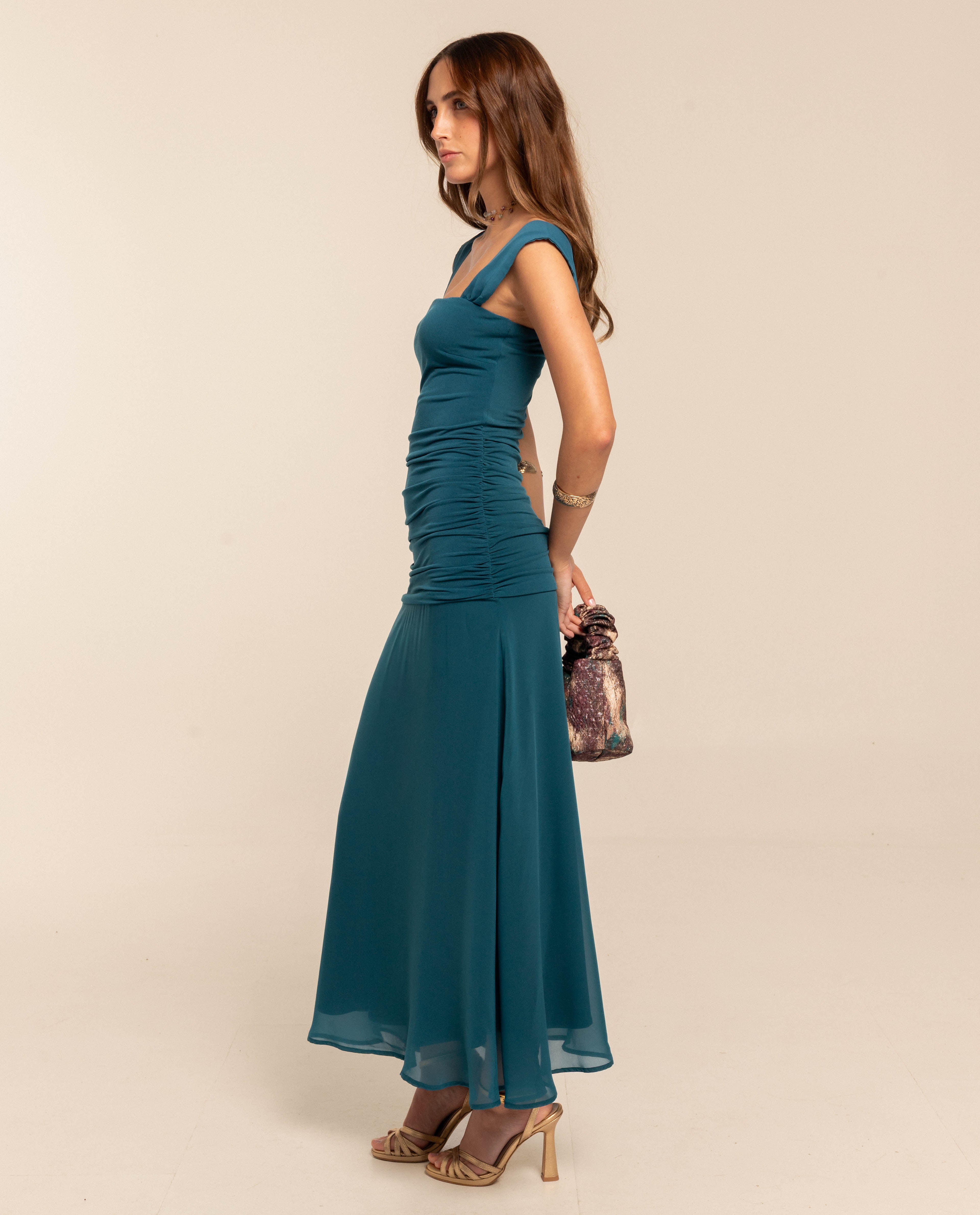 Vestido Midi com Corpo Drapeado e Saia de Gaze Turquesa-2