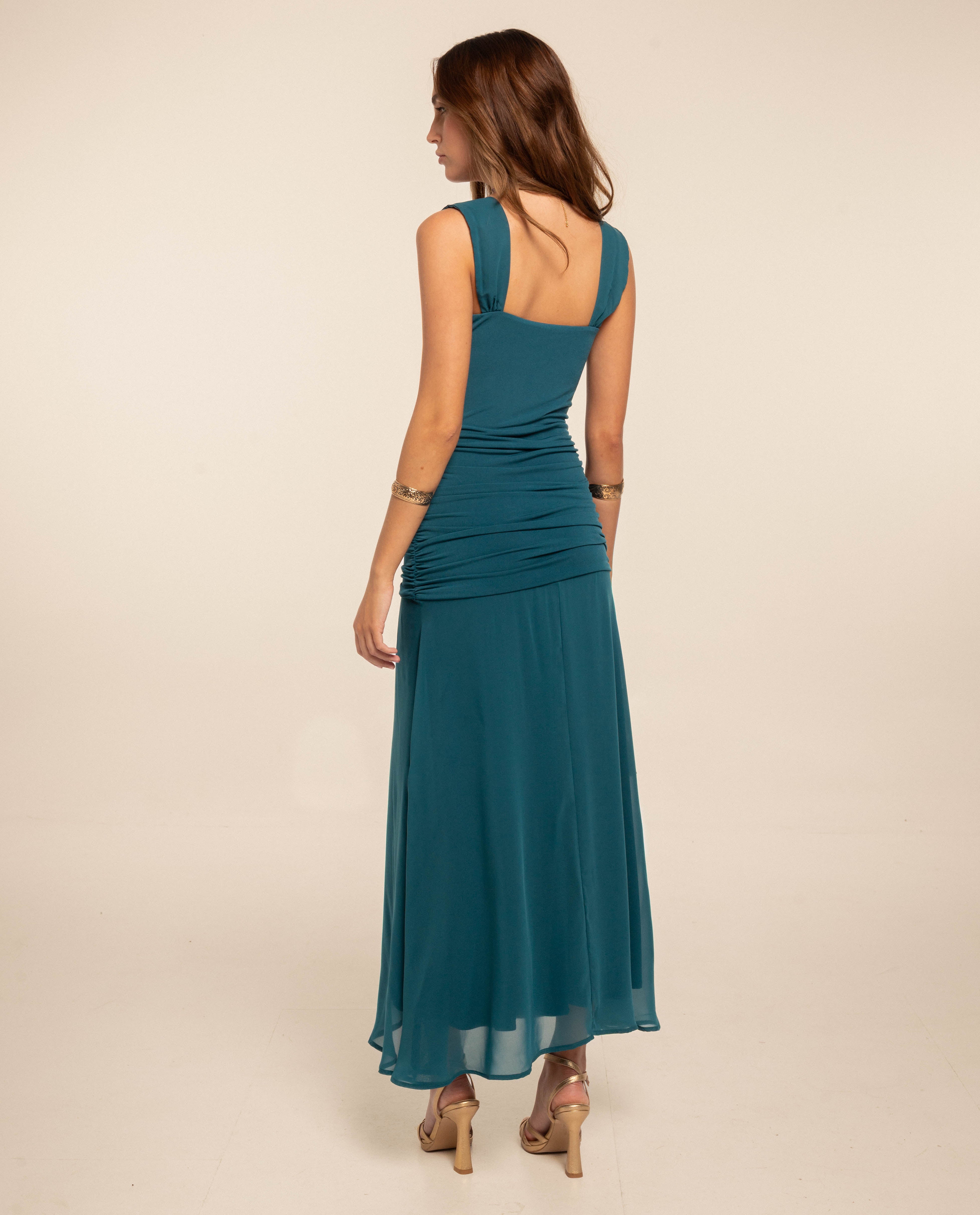 Vestido Midi com Corpo Drapeado e Saia de Gaze Turquesa-3