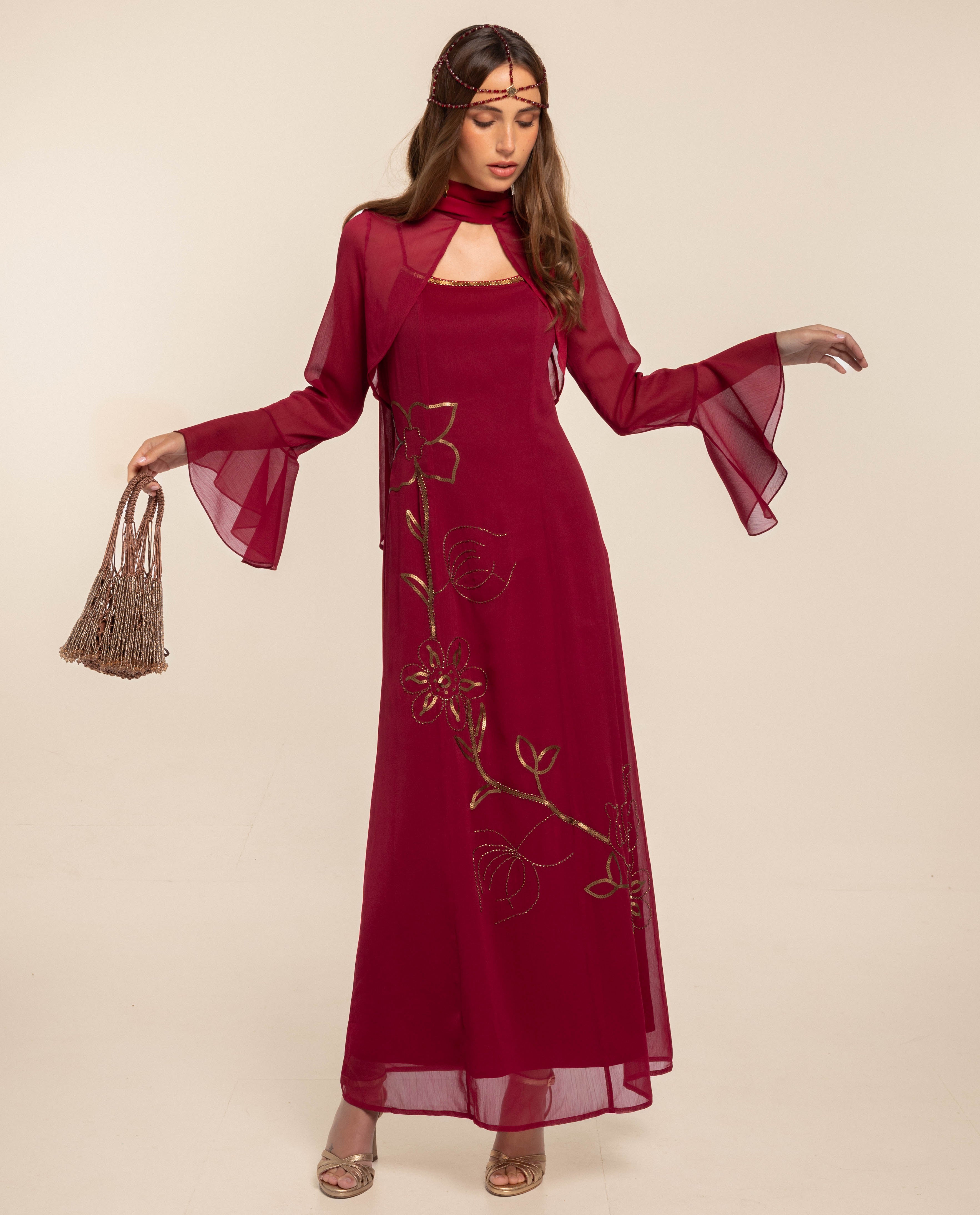 Vestido Comprido com Bordado de Lantejoulas e Abalorios Vermelho-2