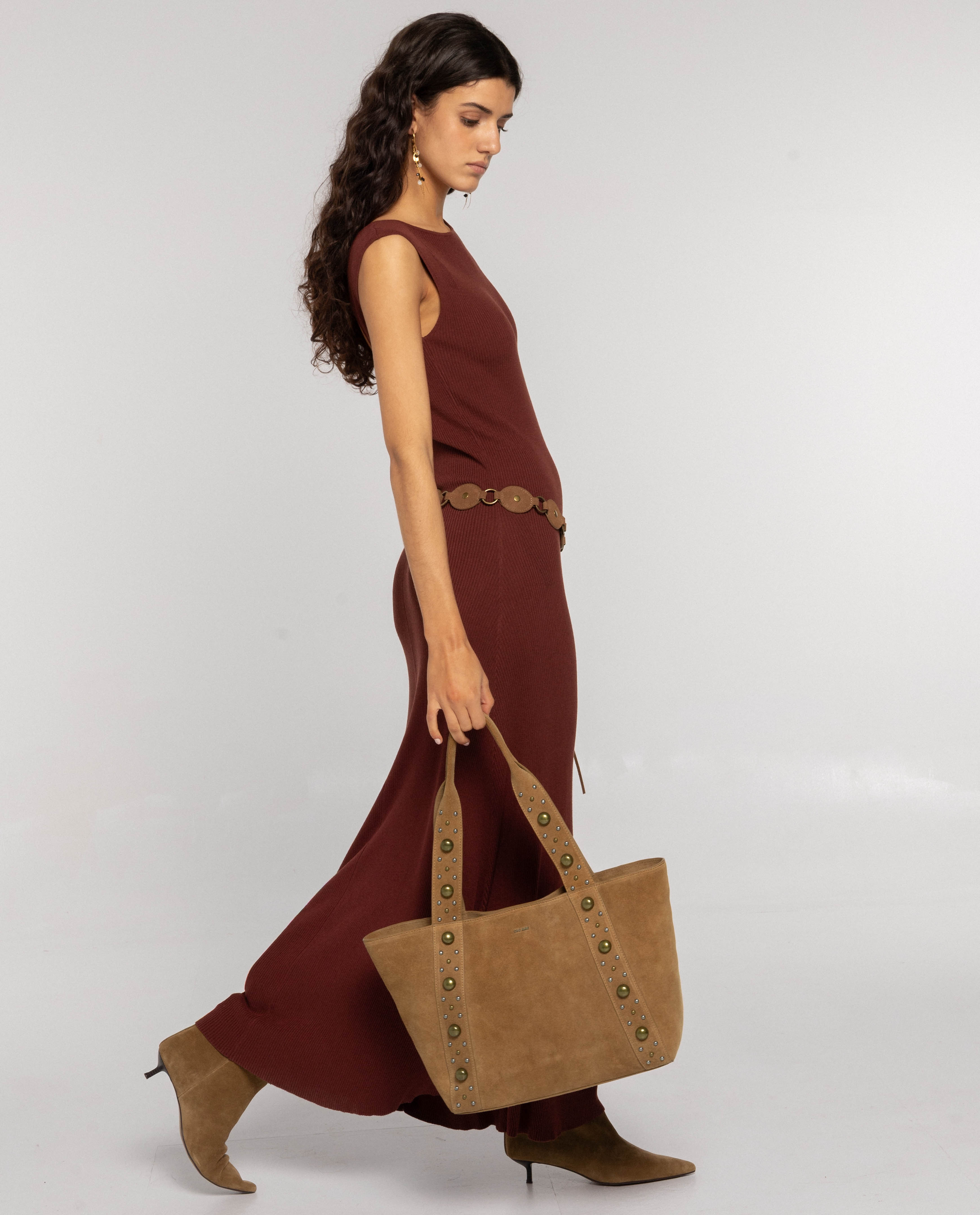 Vestido de Malha Canelada Evasé Castanho-1