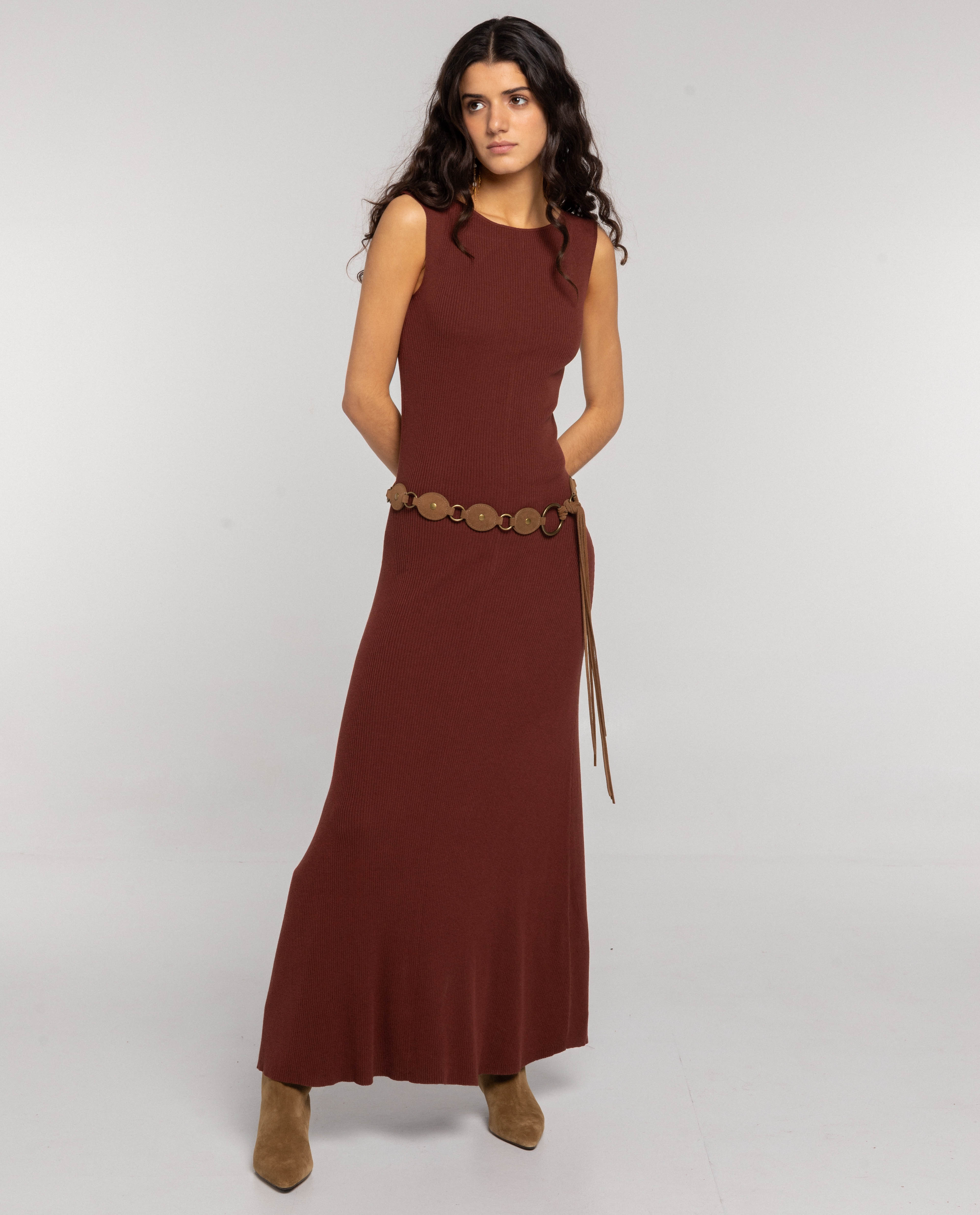 Vestido de Malha Canelada Evasé Castanho-2