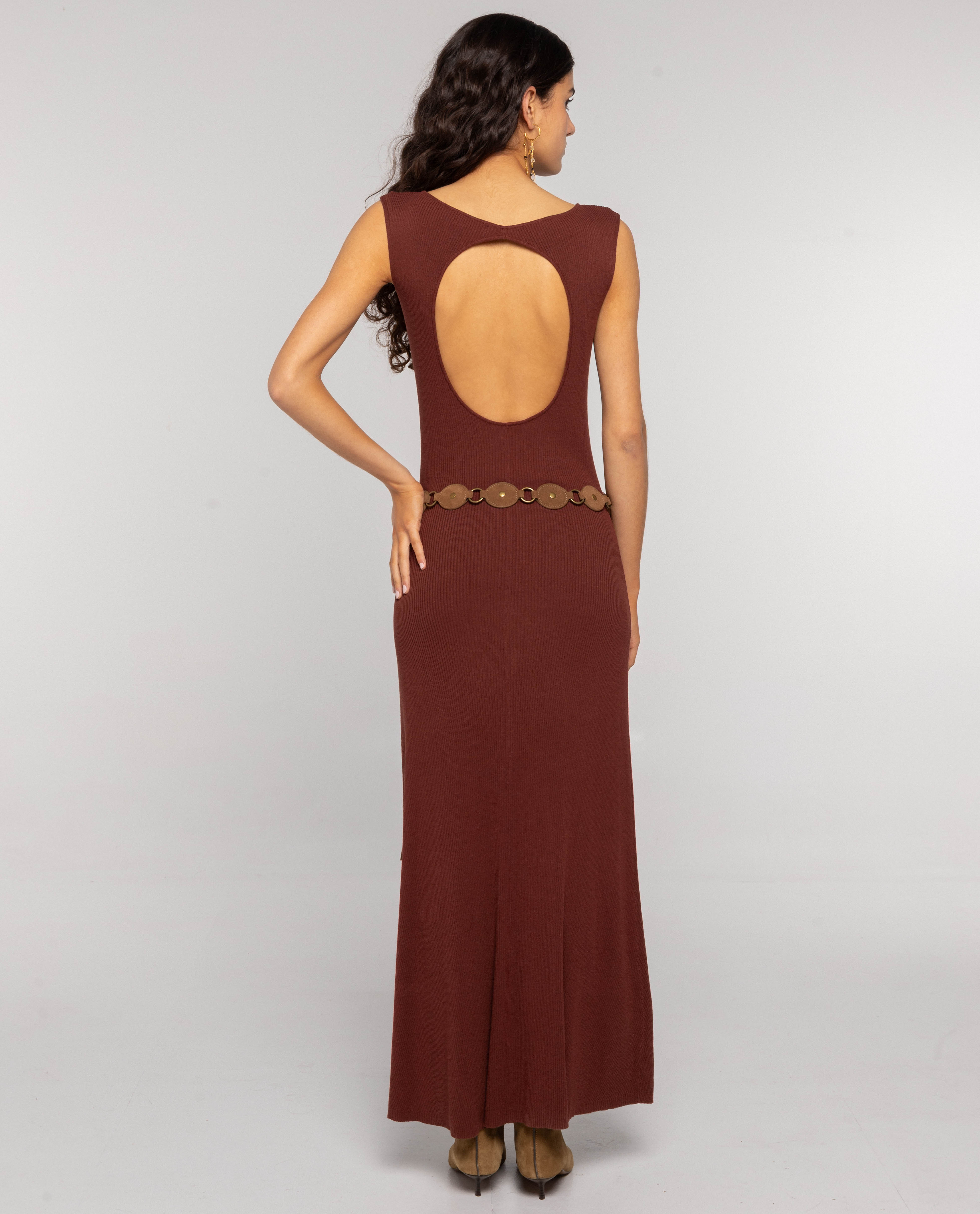 Vestido de Malha Canelada Evasé Castanho-3