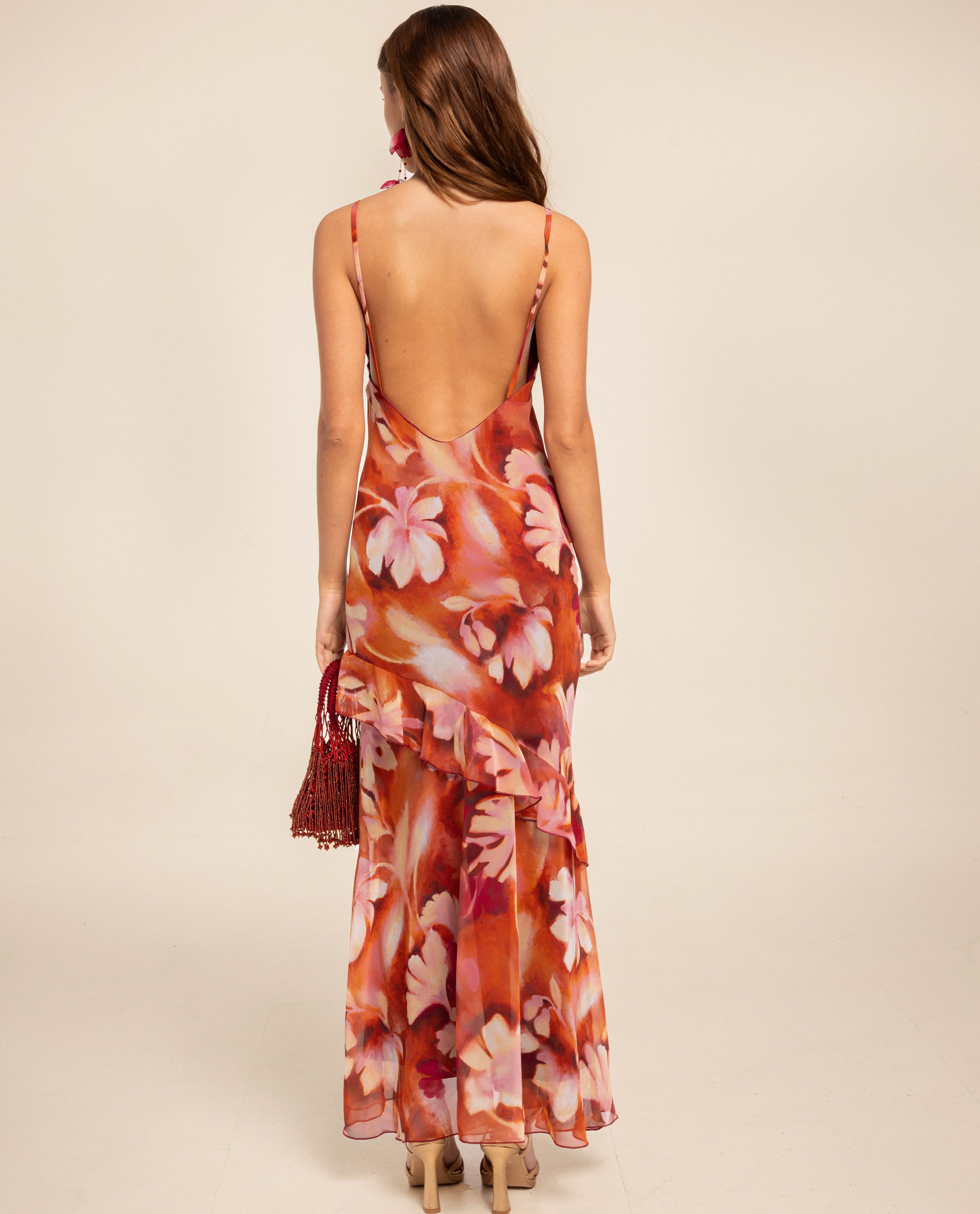 Vestido Midi de Alças com Folho e Corte Lingerie Laranja-3