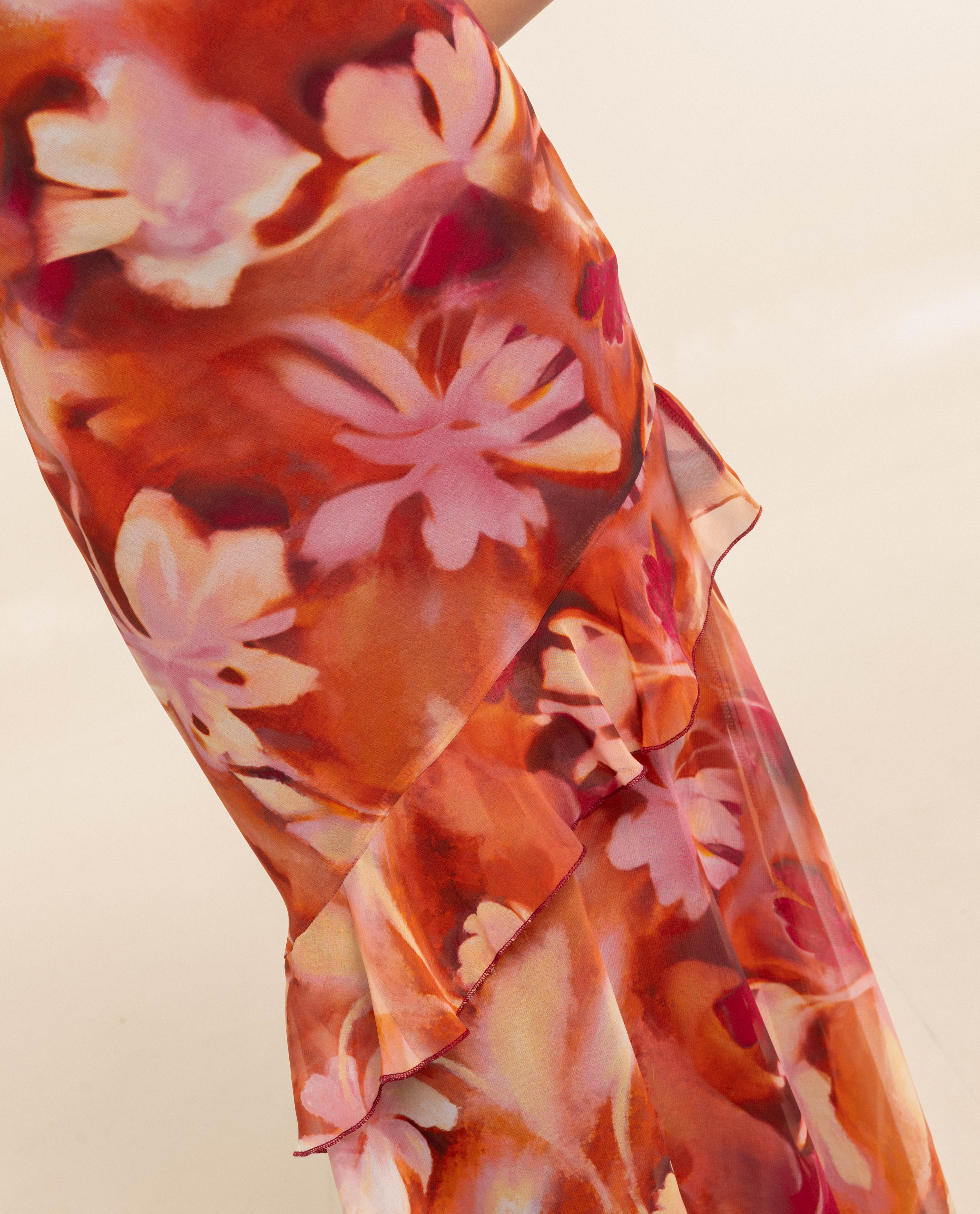 Vestido Midi de Alças com Folho e Corte Lingerie Laranja-4