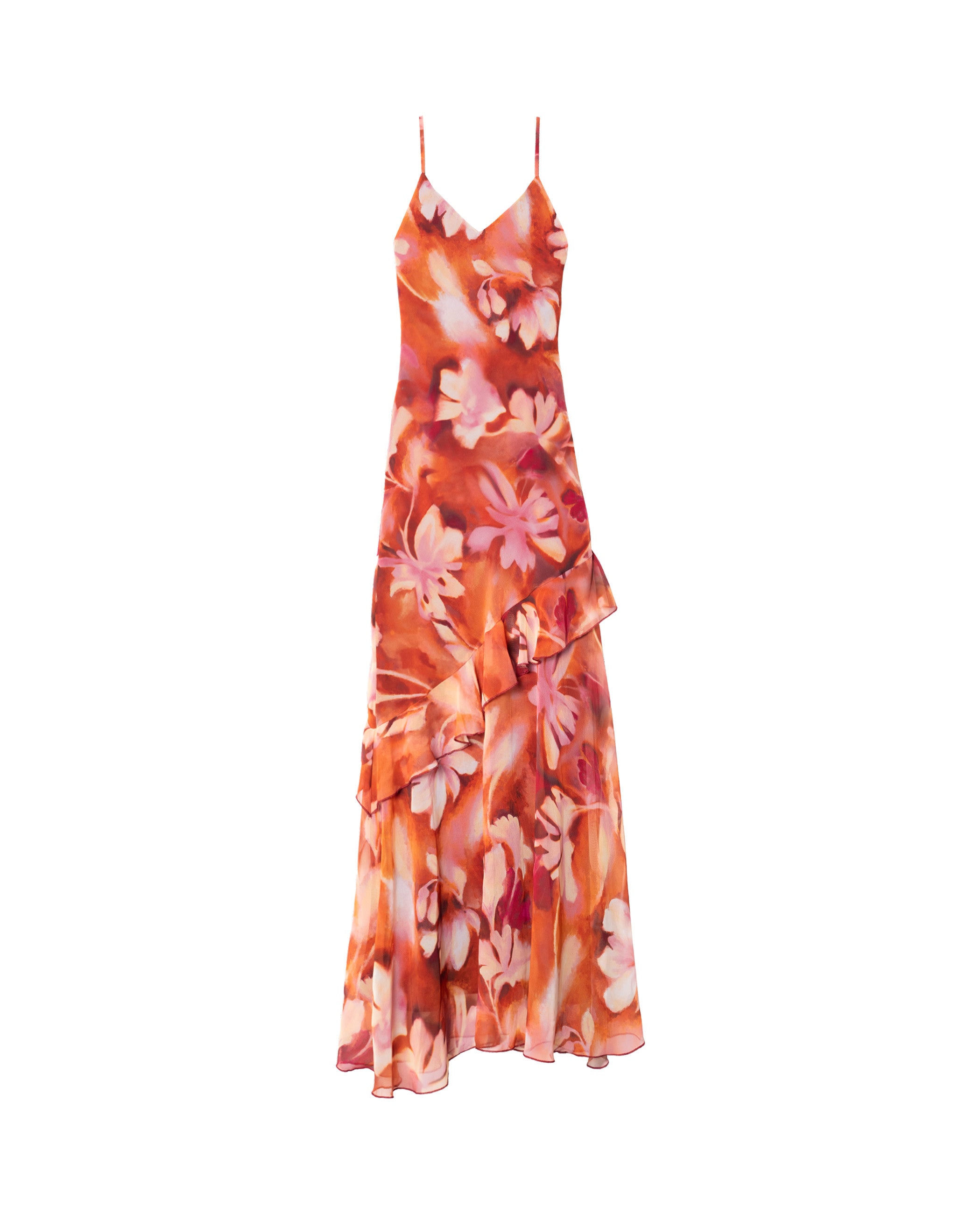 Vestido Midi de Alças com Folho e Corte Lingerie Laranja-5