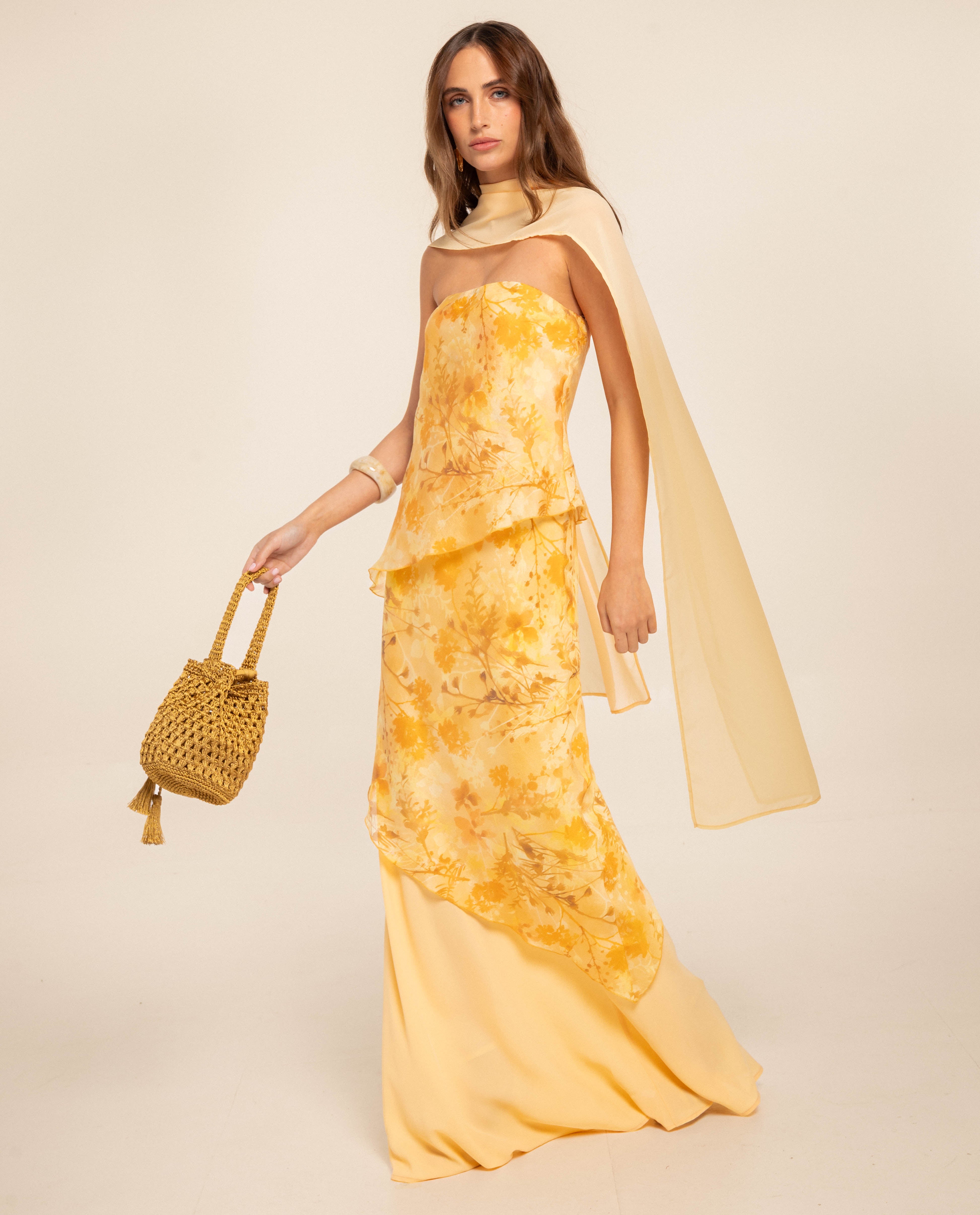 Vestido Comprido Cai-cai com Design de Três Camadas Amarelo-2