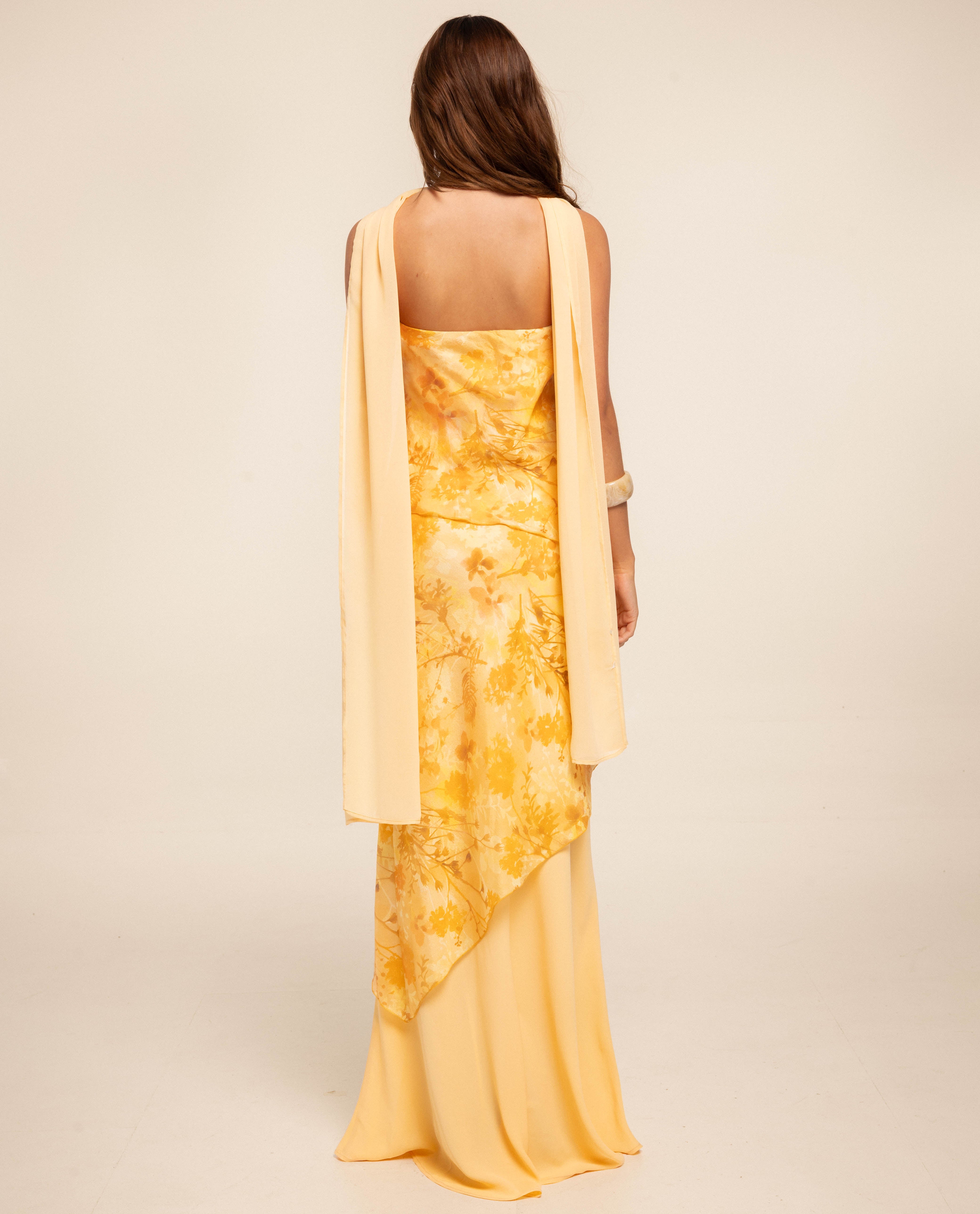 Vestido Comprido Cai-cai com Design de Três Camadas Amarelo-3