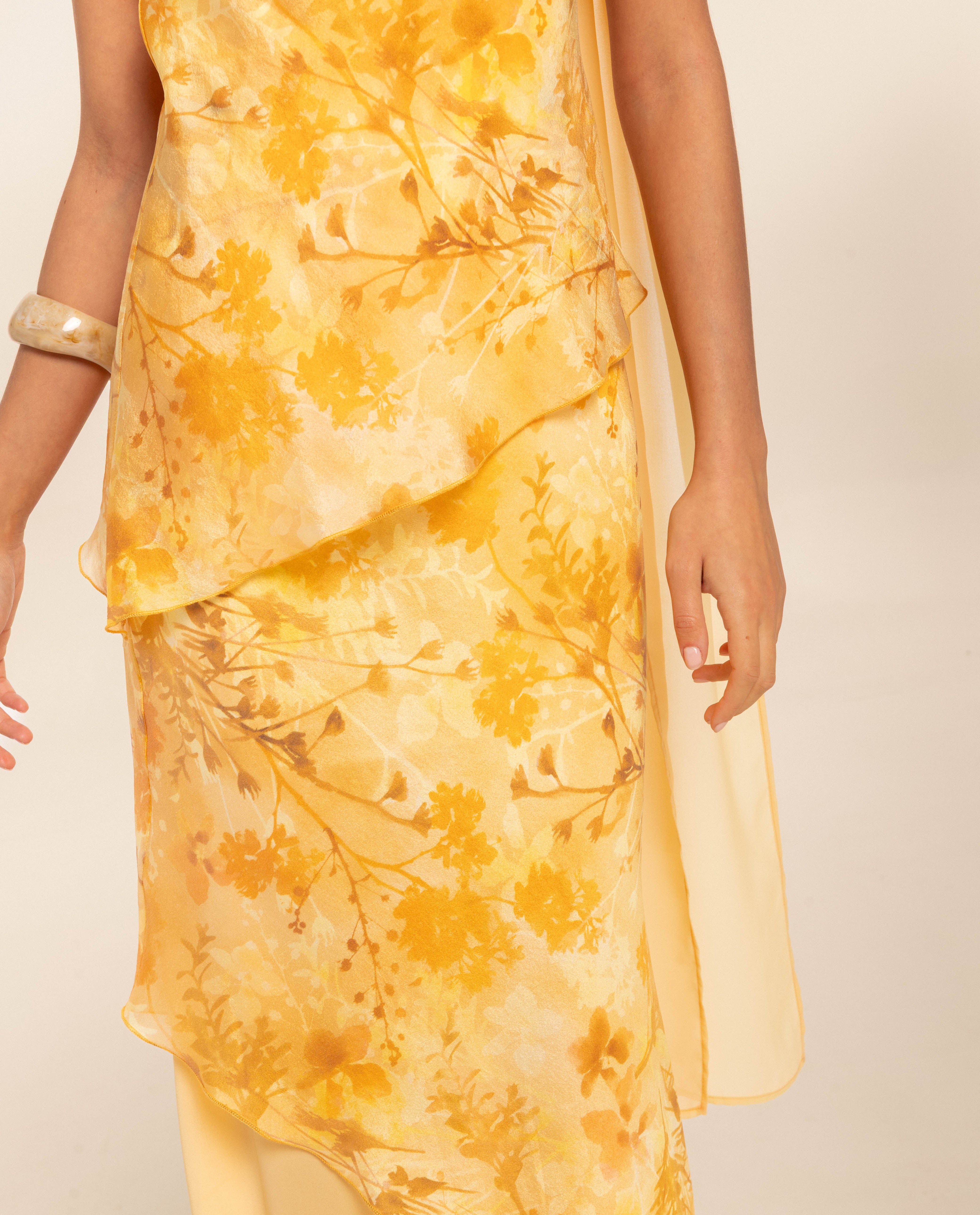 Vestido Comprido Cai-cai com Design de Três Camadas Amarelo-4