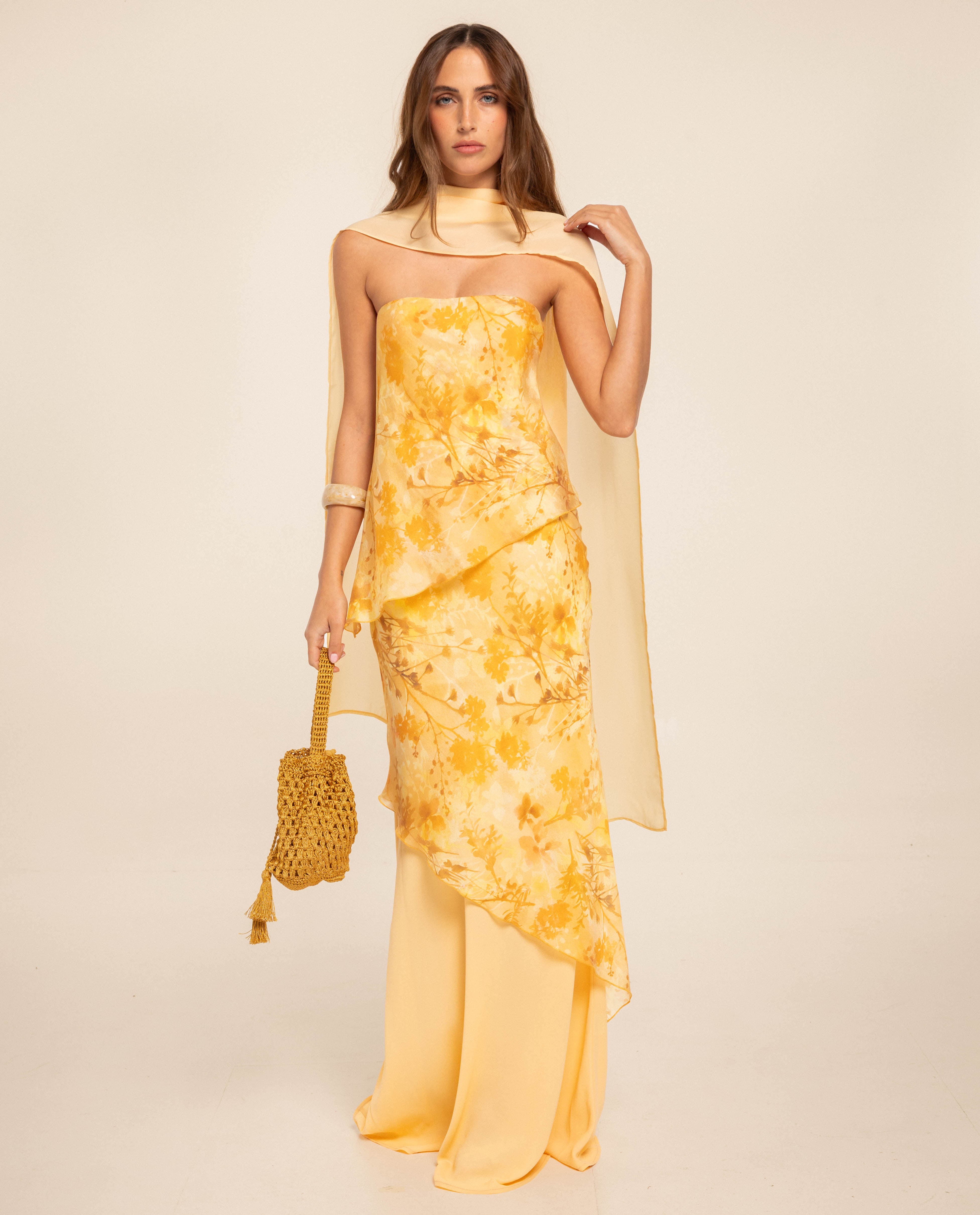 Vestido Comprido Cai-cai com Design de Três Camadas Amarelo-1