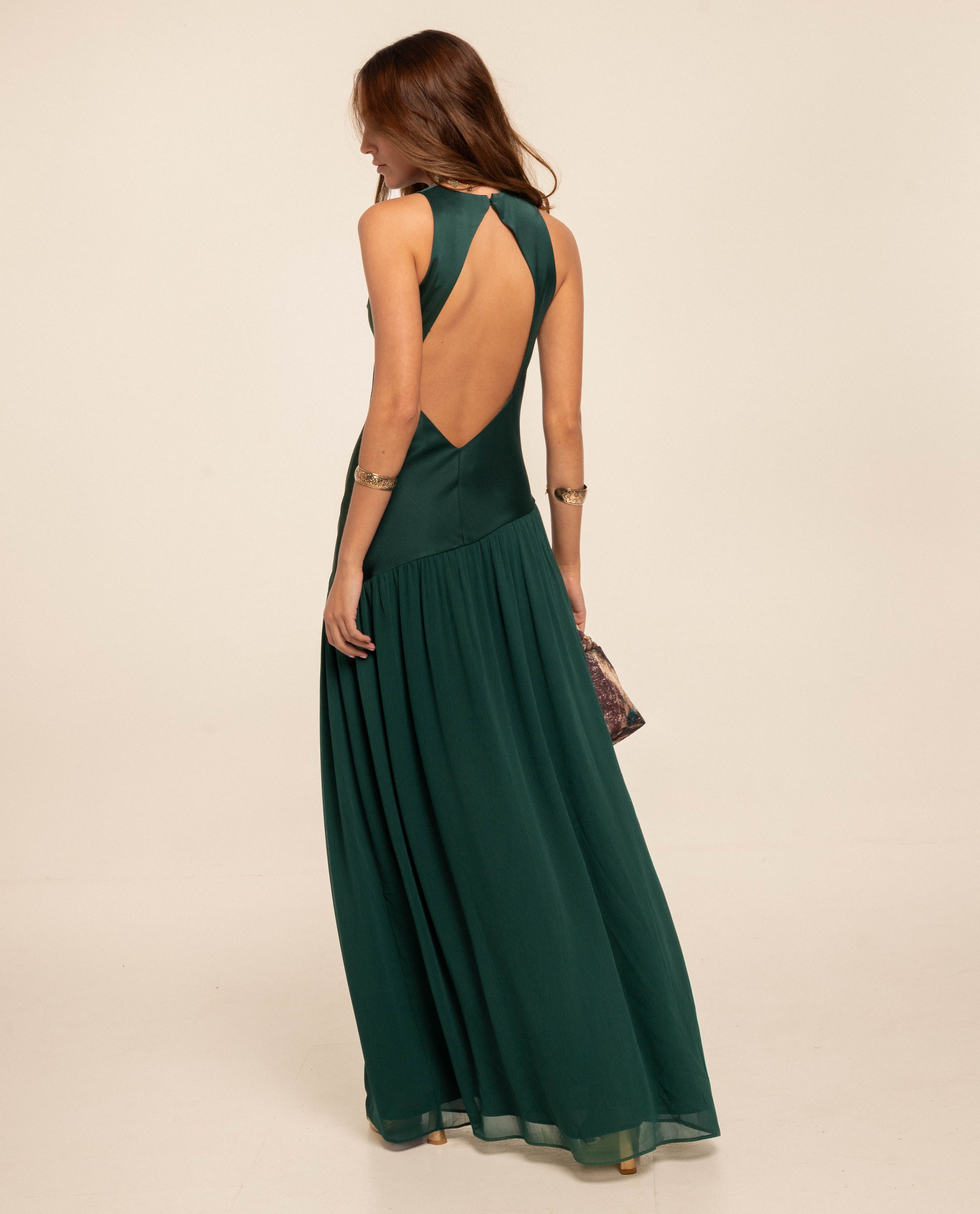Vestido Comprido com Corte Assimétrico e Costas Abertas Esmeralda-3