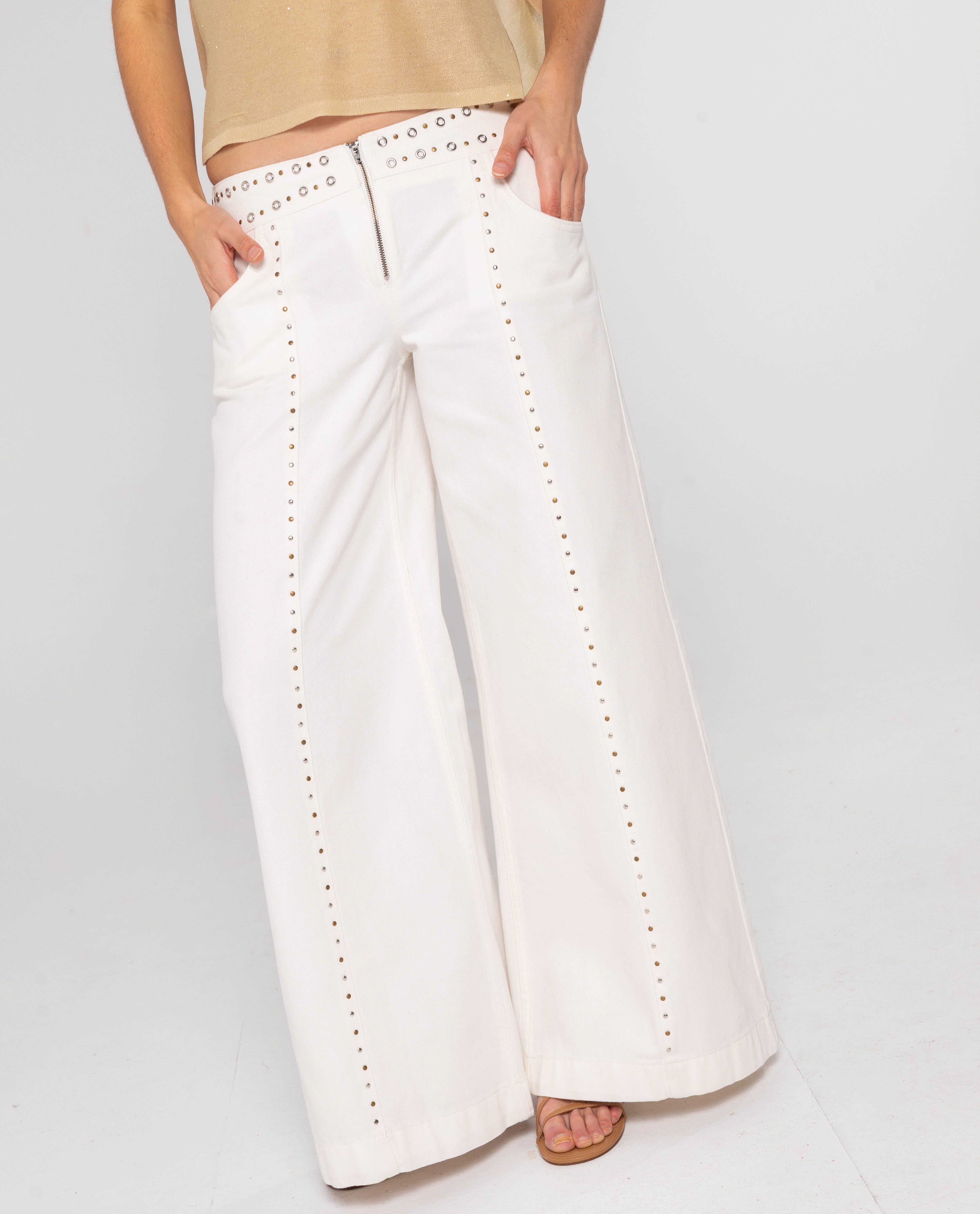Calças Jeans Largas de Cintura Média com Tachas Branco-2