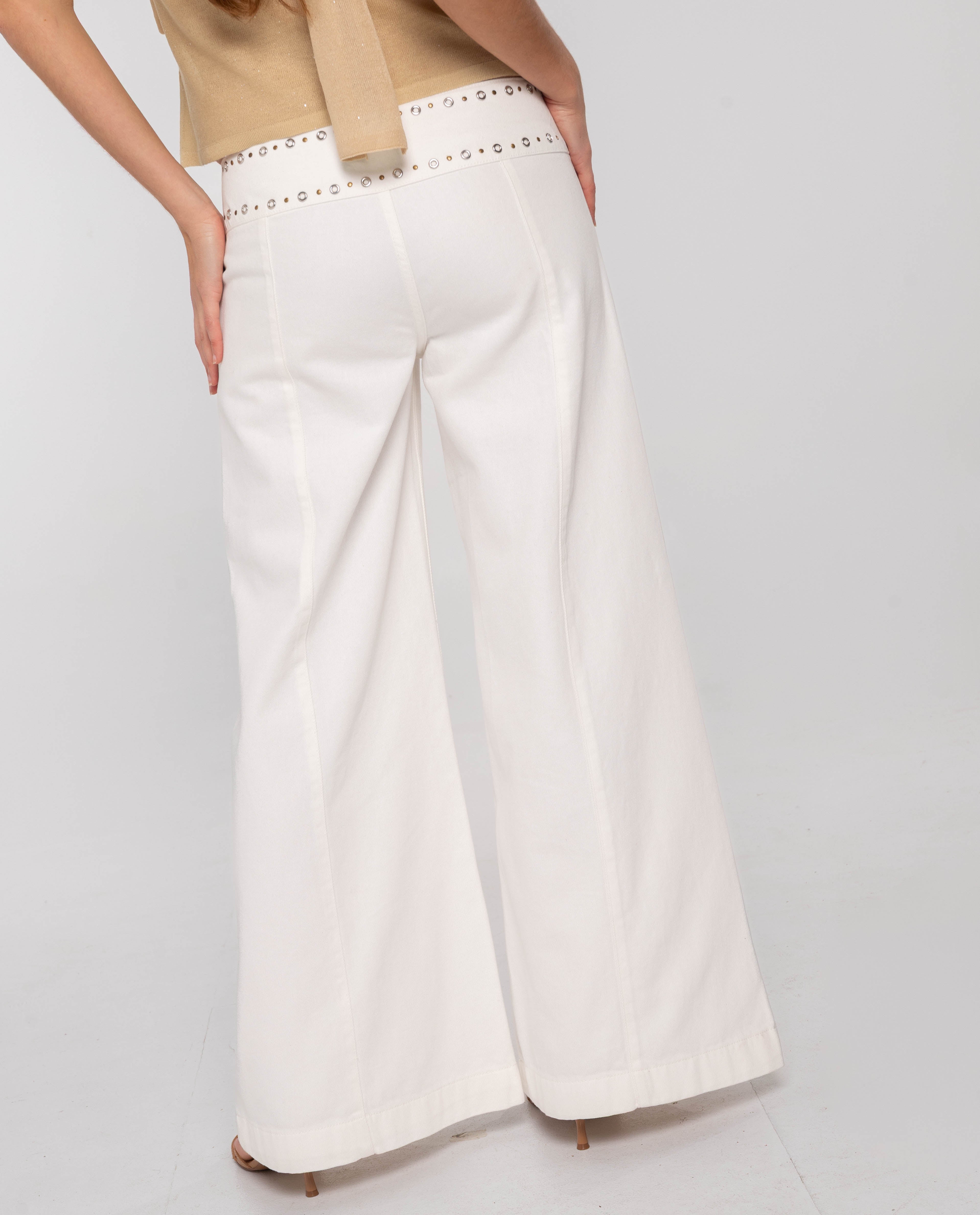 Calças Jeans Largas de Cintura Média com Tachas Branco-3