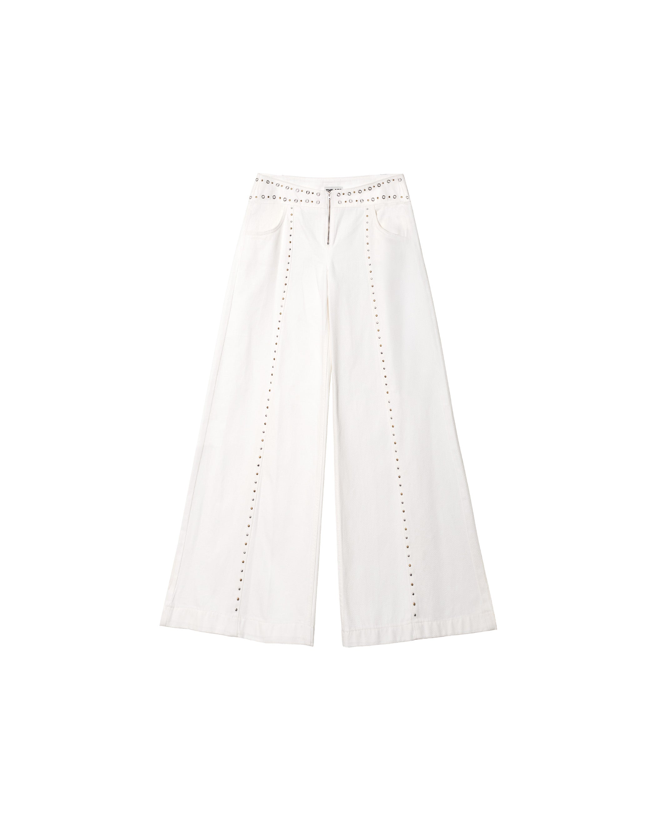 Calças Jeans Largas de Cintura Média com Tachas Branco-5