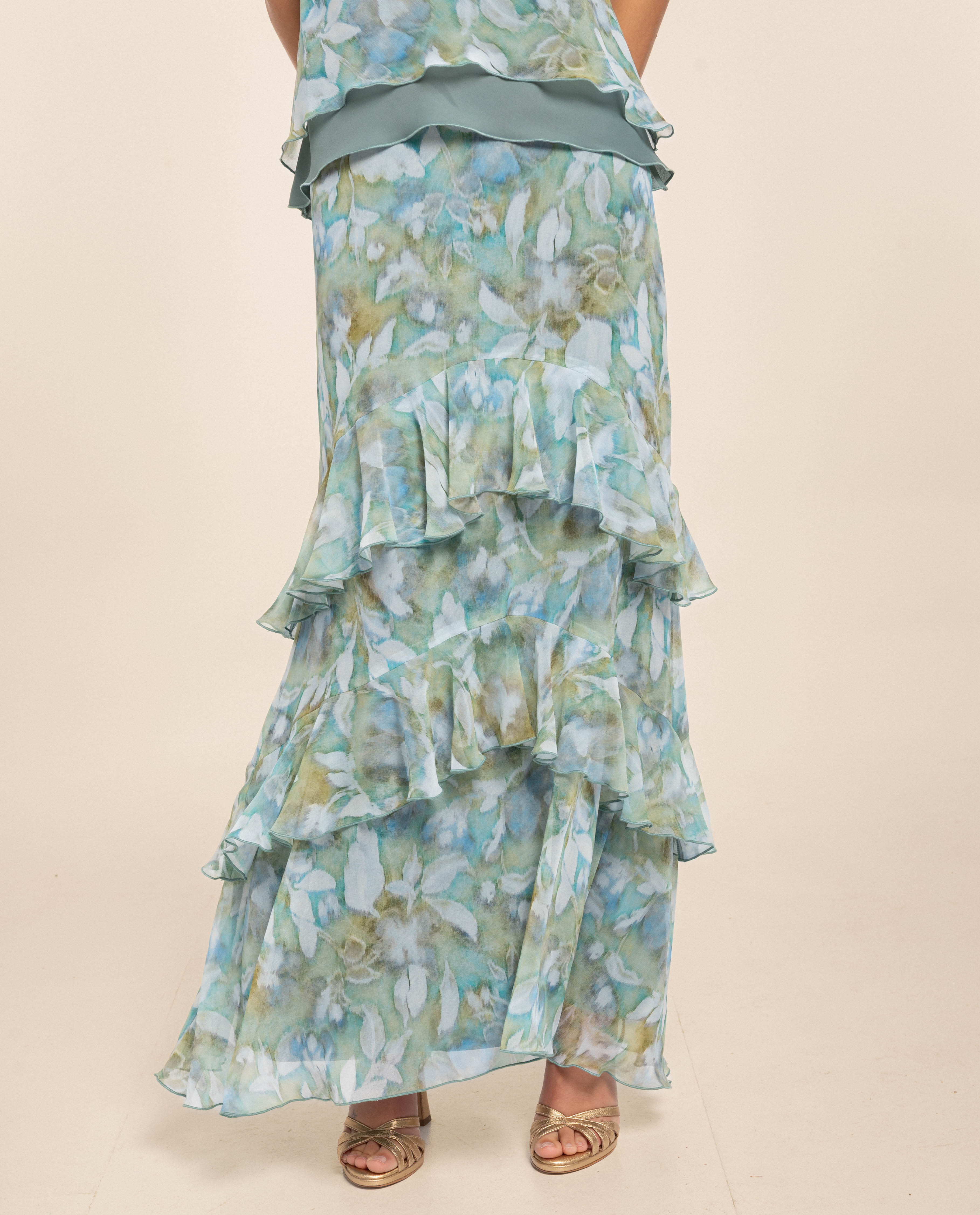 Saia Midi Evasé com Folhos Azul-claro-2