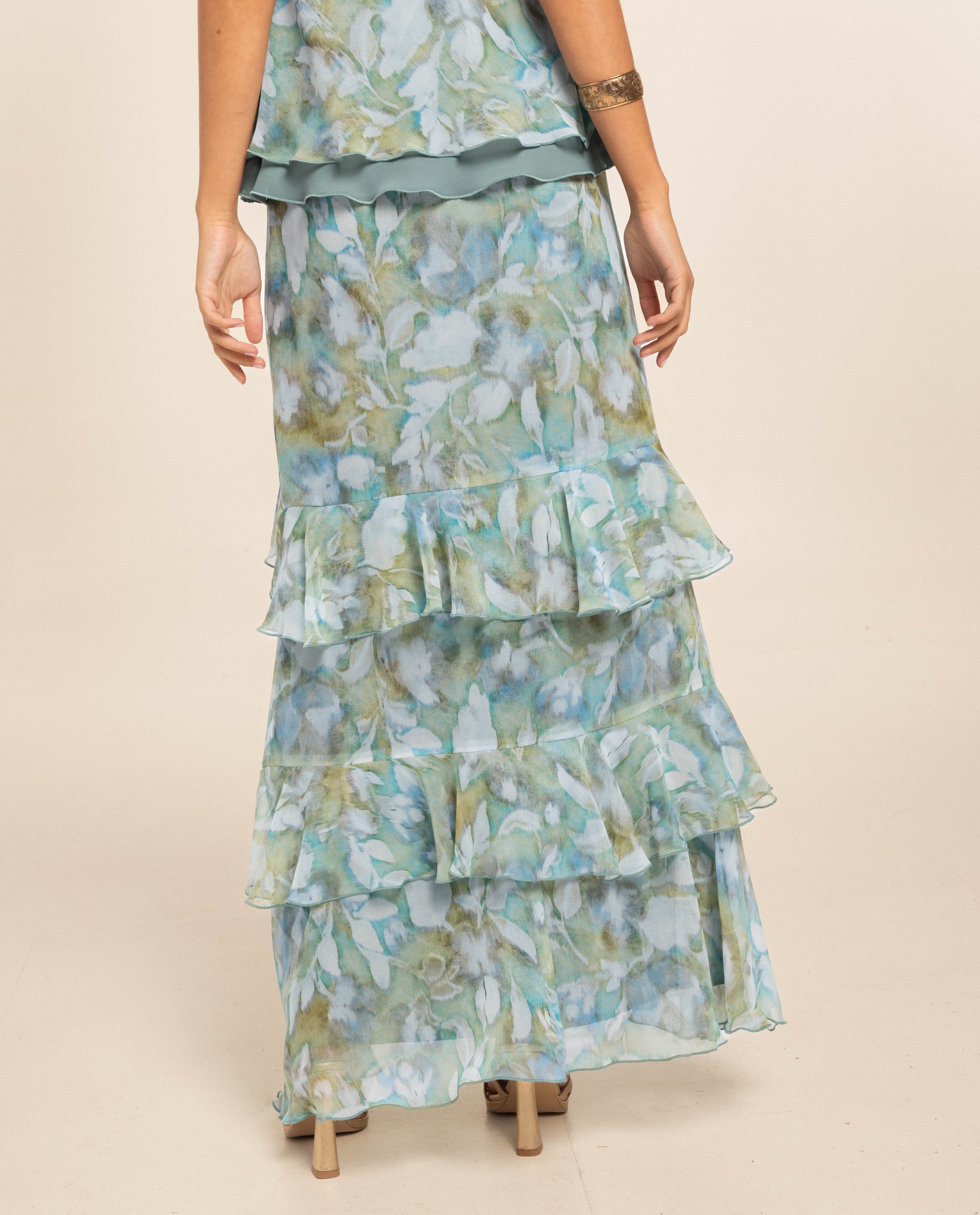 Saia Midi Evasé com Folhos Azul-claro-3
