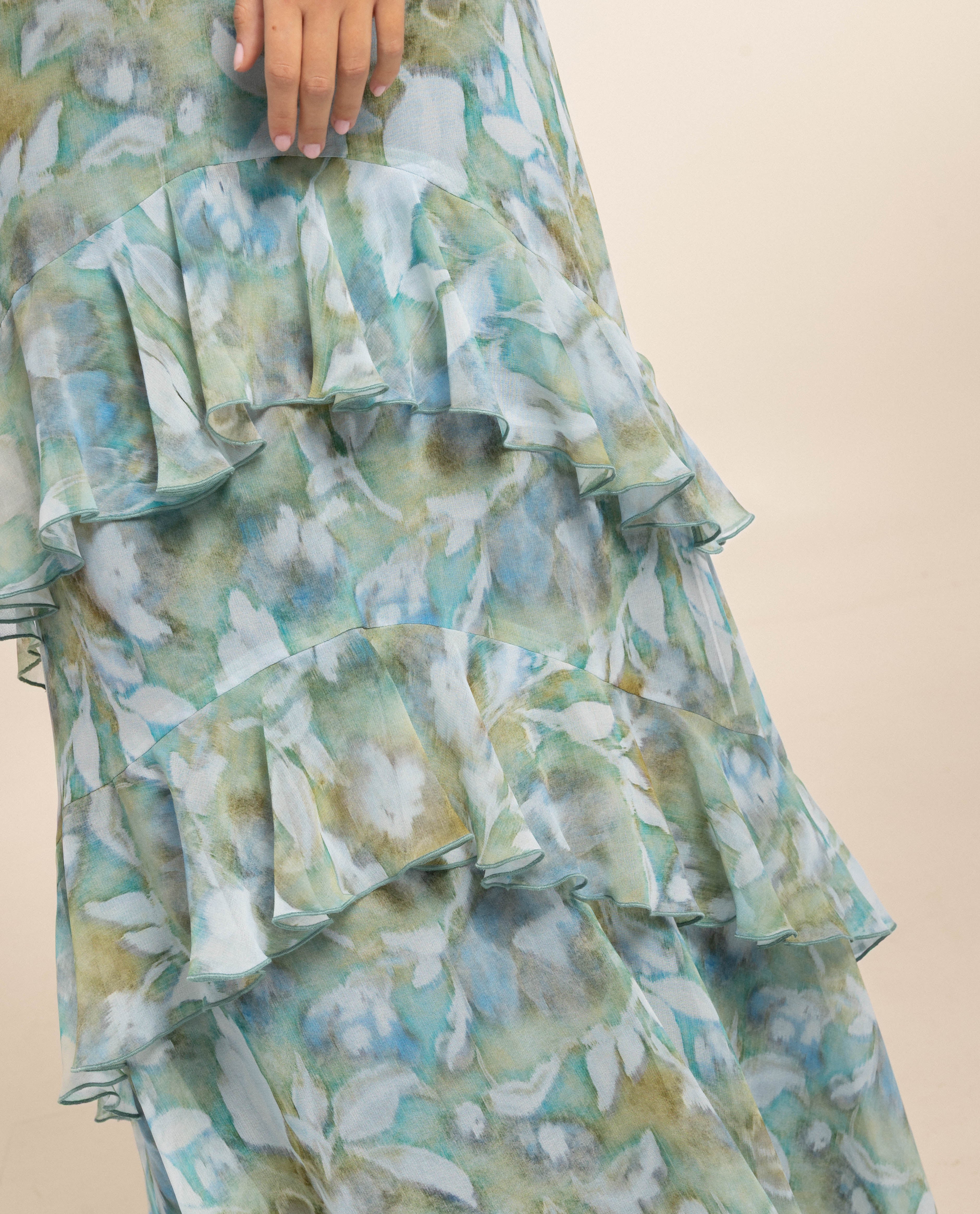 Saia Midi Evasé com Folhos Azul-claro-4